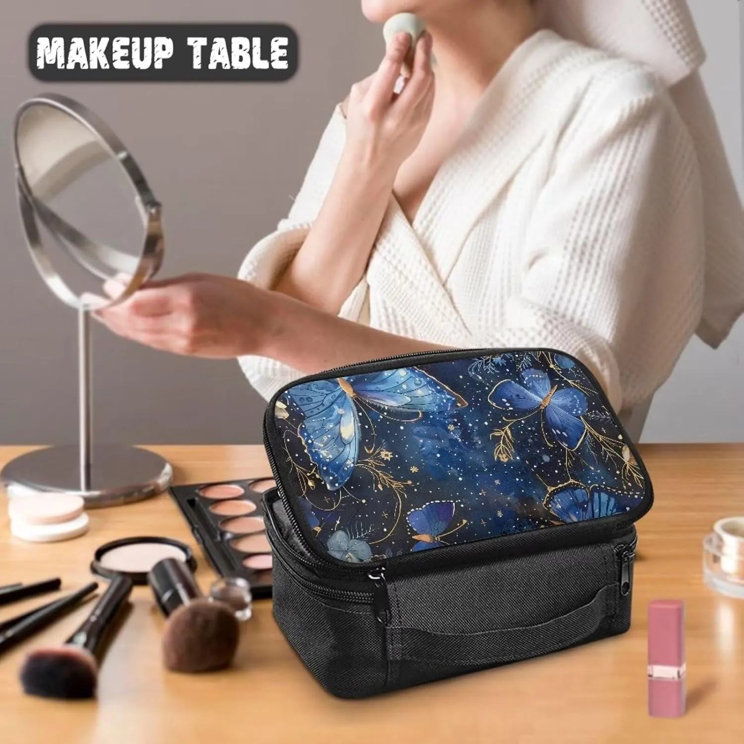 Dreamy Butterfly Cosmetic Bag with Divider to Hold Makeup Brushes Skincare Large Compartments Travel Toiletry Bag Carrying Case Organizer Birthday Gifts for Sisters Friends