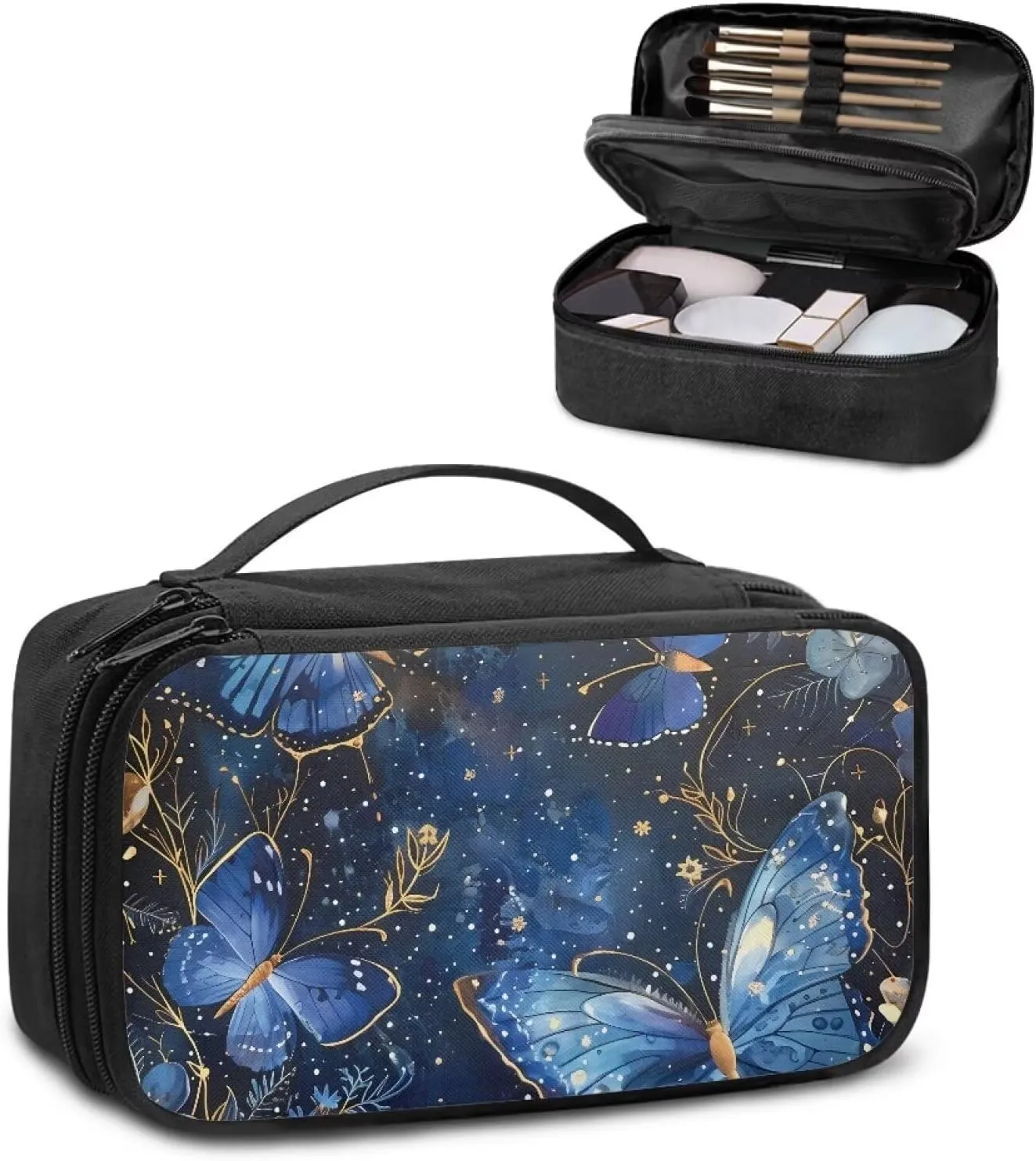 Dreamy Butterfly Cosmetic Bag with Divider to Hold Makeup Brushes Skincare Large Compartments Travel Toiletry Bag Carrying Case Organizer Birthday Gifts for Sisters Friends
