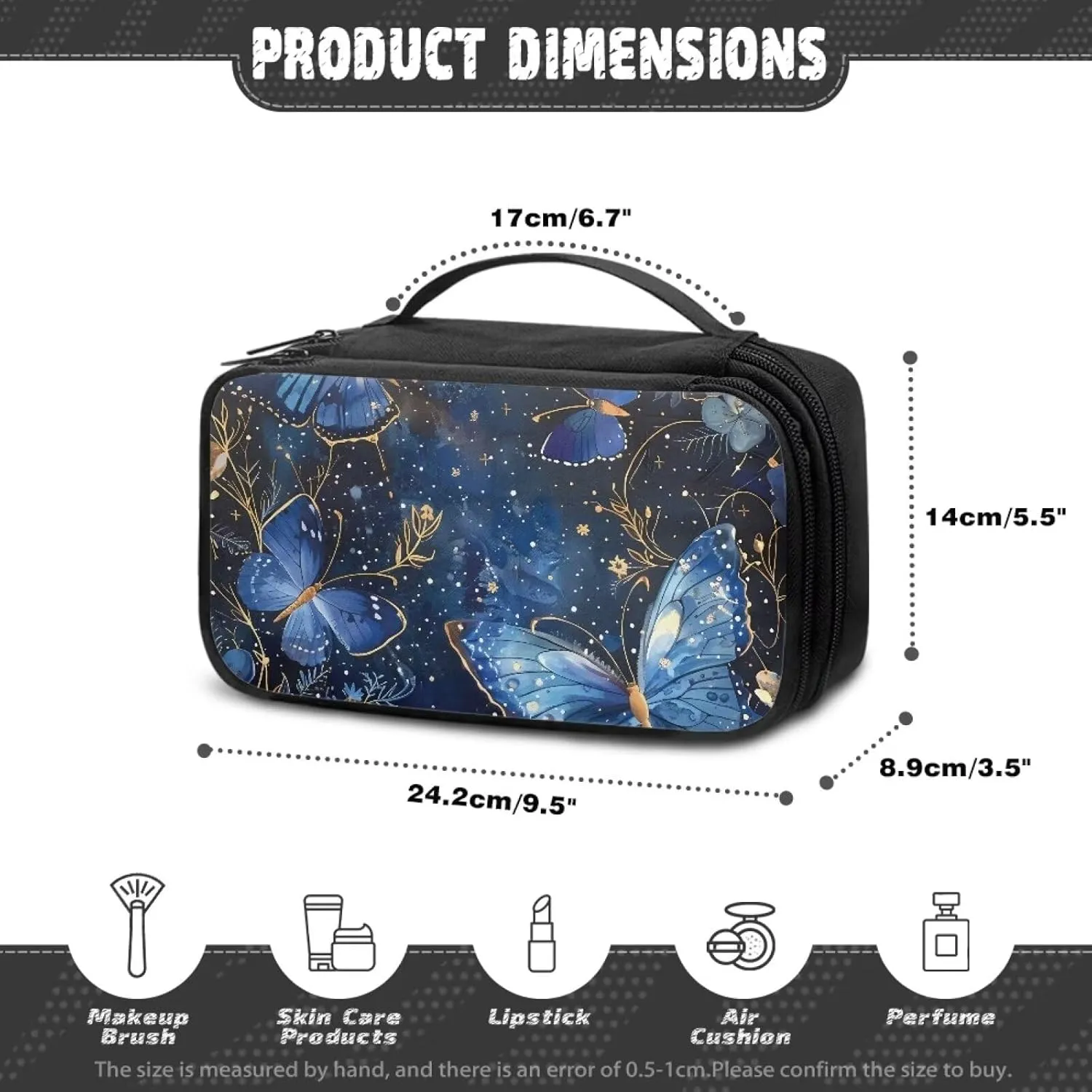 Dreamy Butterfly Cosmetic Bag with Divider to Hold Makeup Brushes Skincare Large Compartments Travel Toiletry Bag Carrying Case Organizer Birthday Gifts for Sisters Friends