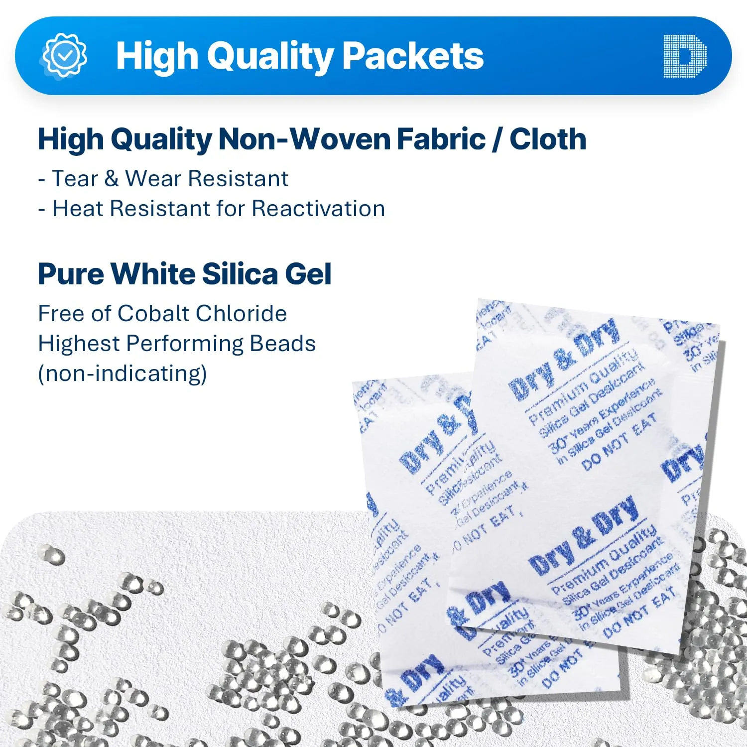 Dry & Dry 10 Gram [50 Packets] Silica Gel Packets, Desiccants - Rechargeable Fabric Silica Gel Packs, Silica Gel, Silica Packets, Desiccant Packs for Storage