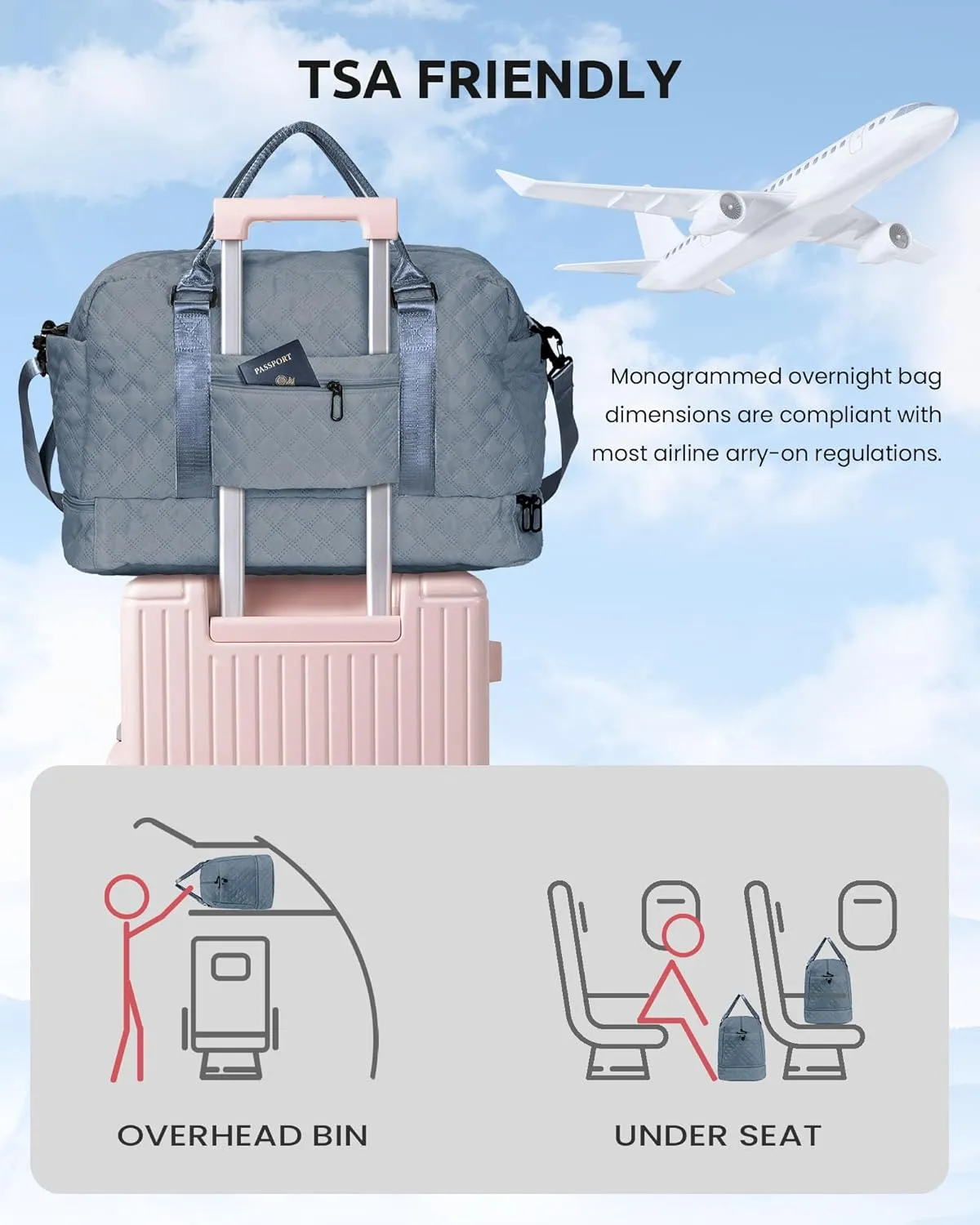 Duffle Bag for Women, Personalized Weekender Bag with Shoulder Strap, Girl Overnight Bag for Women Wet Pocket, Letter Travel Bag with Makeup Bag Gift for Friend Sister (Letter Y)