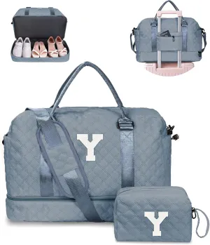Duffle Bag for Women, Personalized Weekender Bag with Shoulder Strap, Girl Overnight Bag for Women Wet Pocket, Letter Travel Bag with Makeup Bag Gift for Friend Sister (Letter Y)