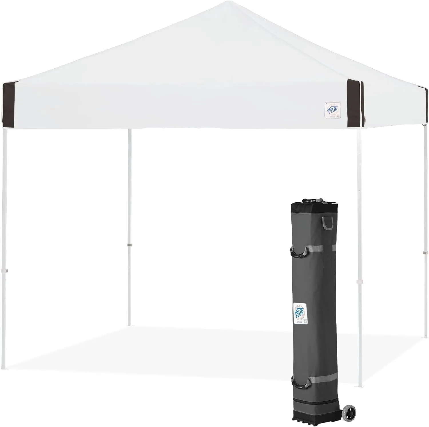 E-Z UP Pyramid Instant Shelter Canopy, 10' x 10' with Wide-Trax Roller Bag & 4 Piece Spike Set, White