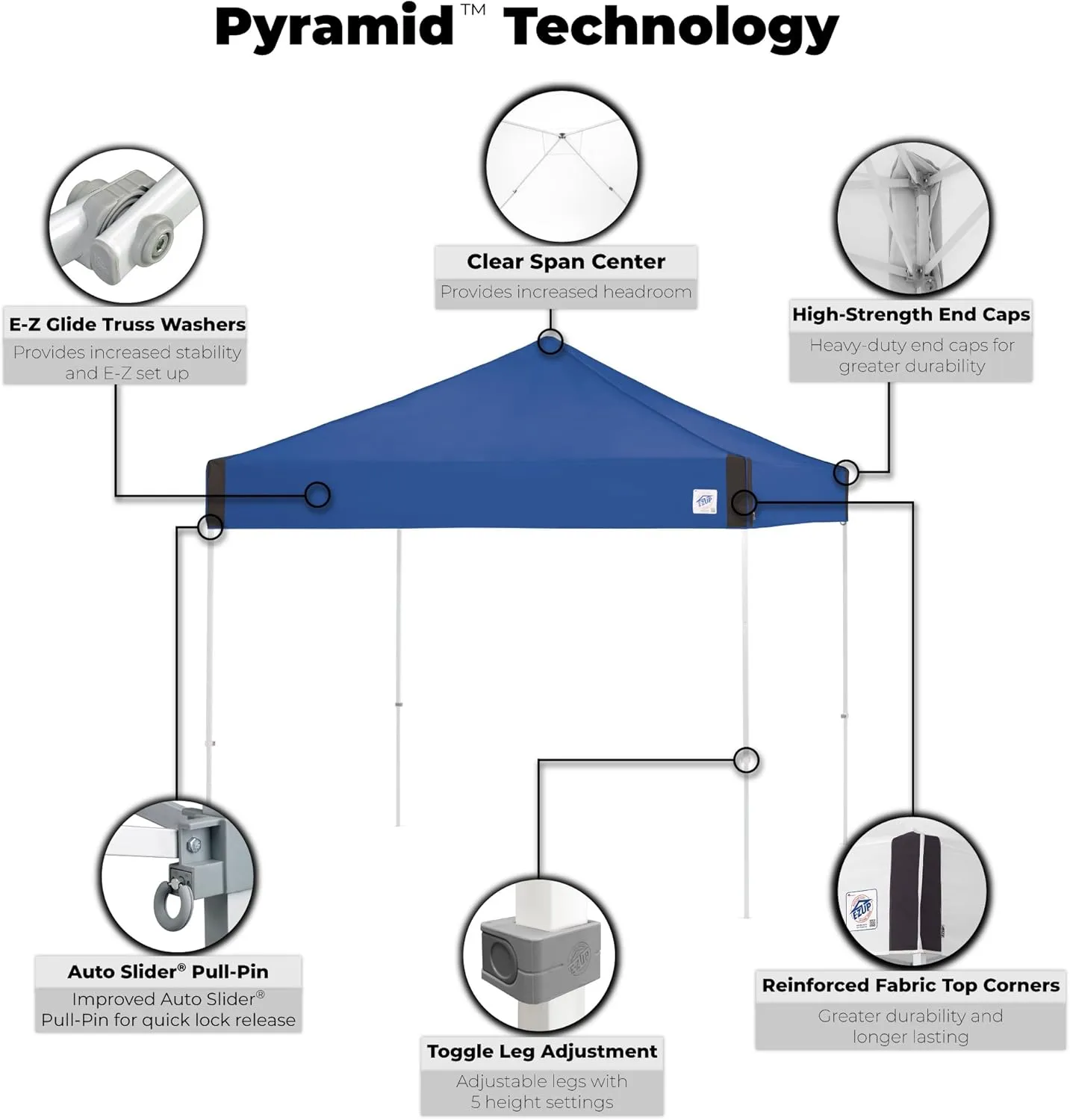 E-Z UP Pyramid Instant Shelter Canopy, 10' x 10' with Wide-Trax Roller Bag & 4 Piece Spike Set, White