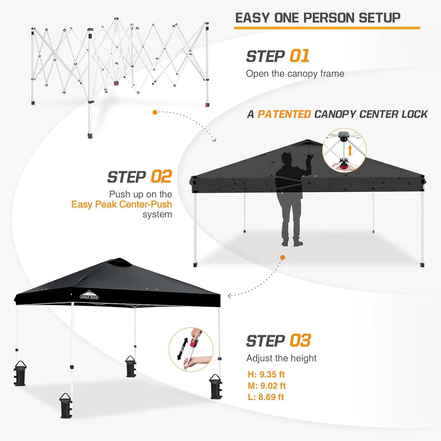 EAGLE PEAK Pop Up Canopy Tent with Wheeled Carry Bag, 8 Stakes, 4 Ropes, 4 Weight Bags, Easy Set Up Tent Canopy, 10x10 ft, 100sqft of Shade, Black