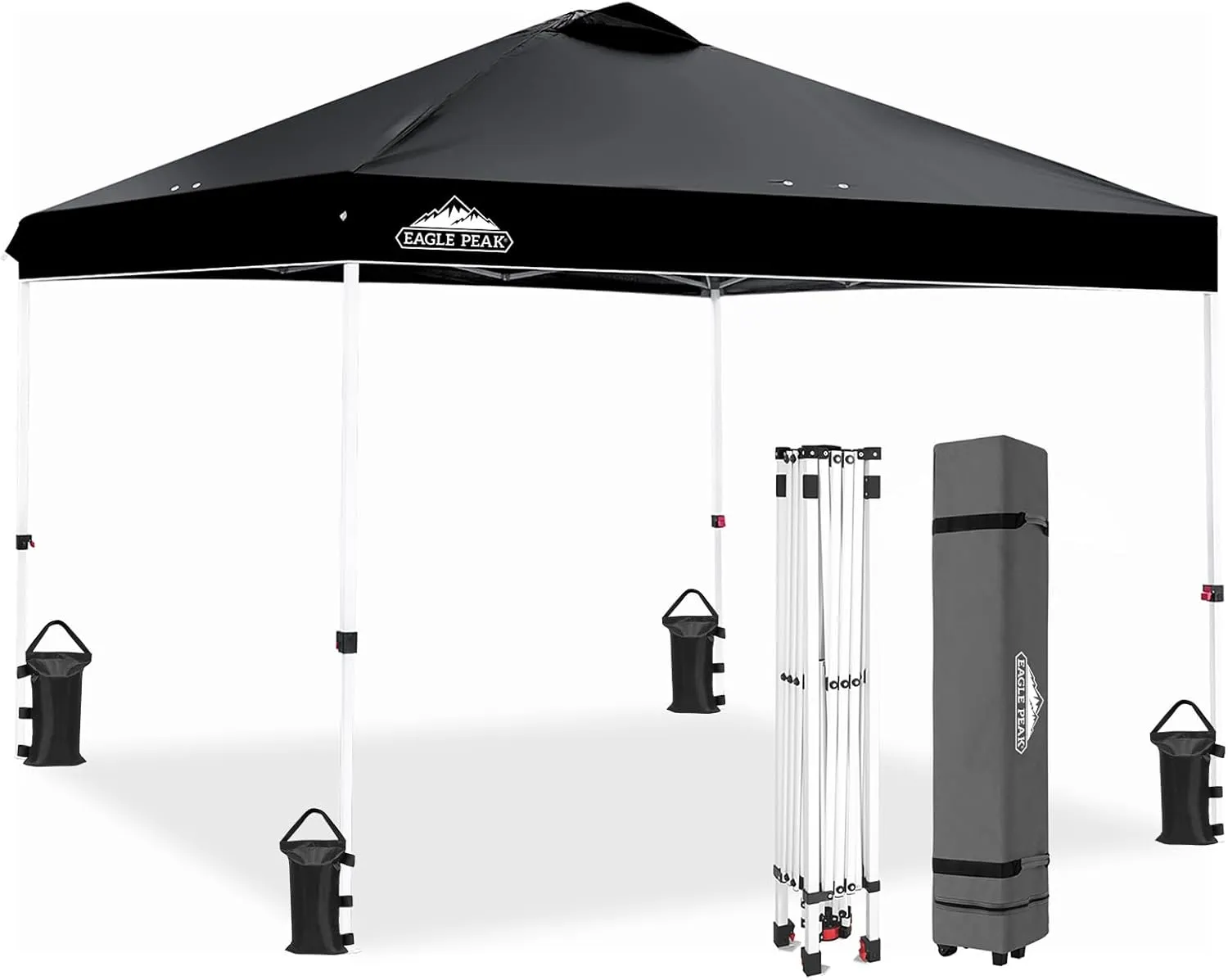 EAGLE PEAK Pop Up Canopy Tent with Wheeled Carry Bag, 8 Stakes, 4 Ropes, 4 Weight Bags, Easy Set Up Tent Canopy, 10x10 ft, 100sqft of Shade, Black