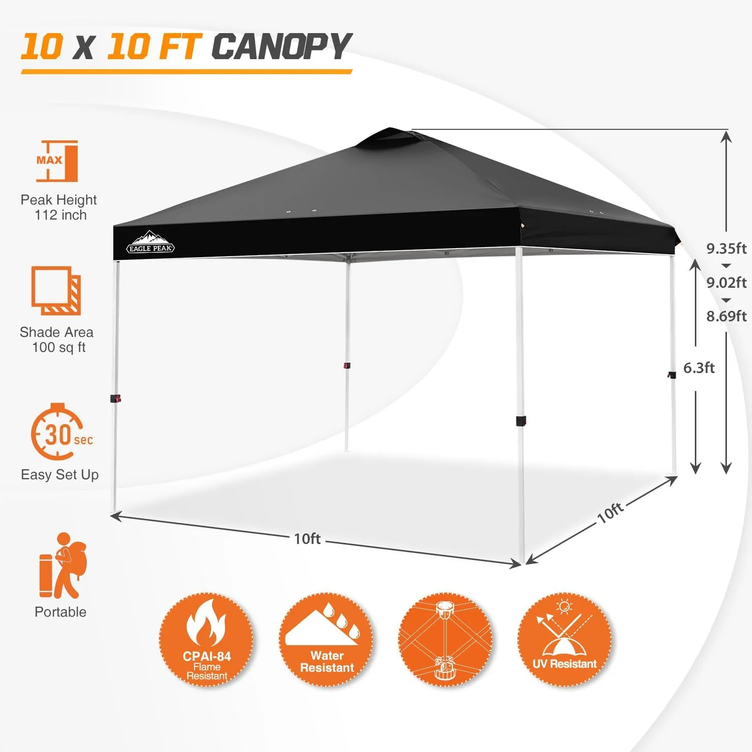 EAGLE PEAK Pop Up Canopy Tent with Wheeled Carry Bag, 8 Stakes, 4 Ropes, 4 Weight Bags, Easy Set Up Tent Canopy, 10x10 ft, 100sqft of Shade, Black