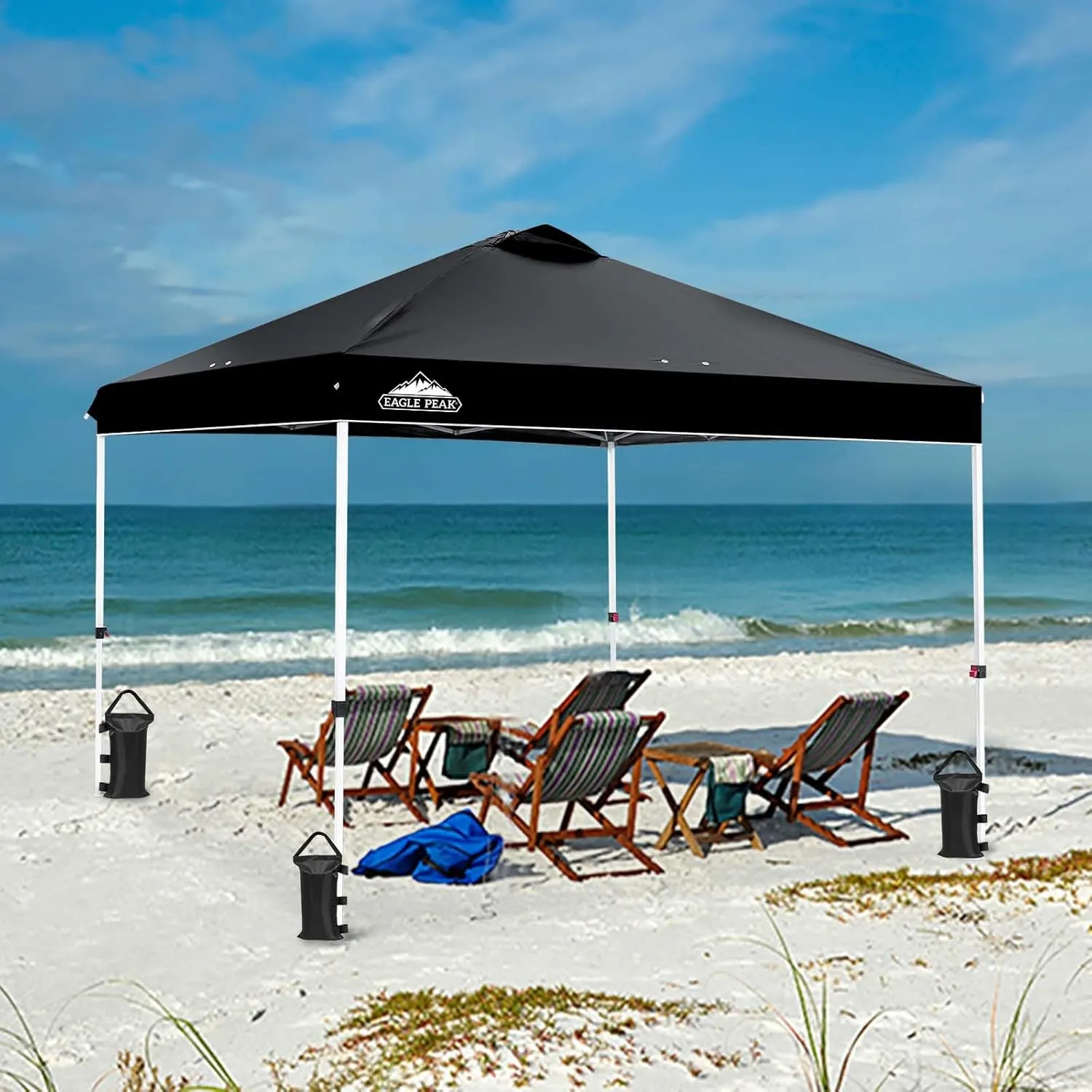 EAGLE PEAK Pop Up Canopy Tent with Wheeled Carry Bag, 8 Stakes, 4 Ropes, 4 Weight Bags, Easy Set Up Tent Canopy, 10x10 ft, 100sqft of Shade, Black