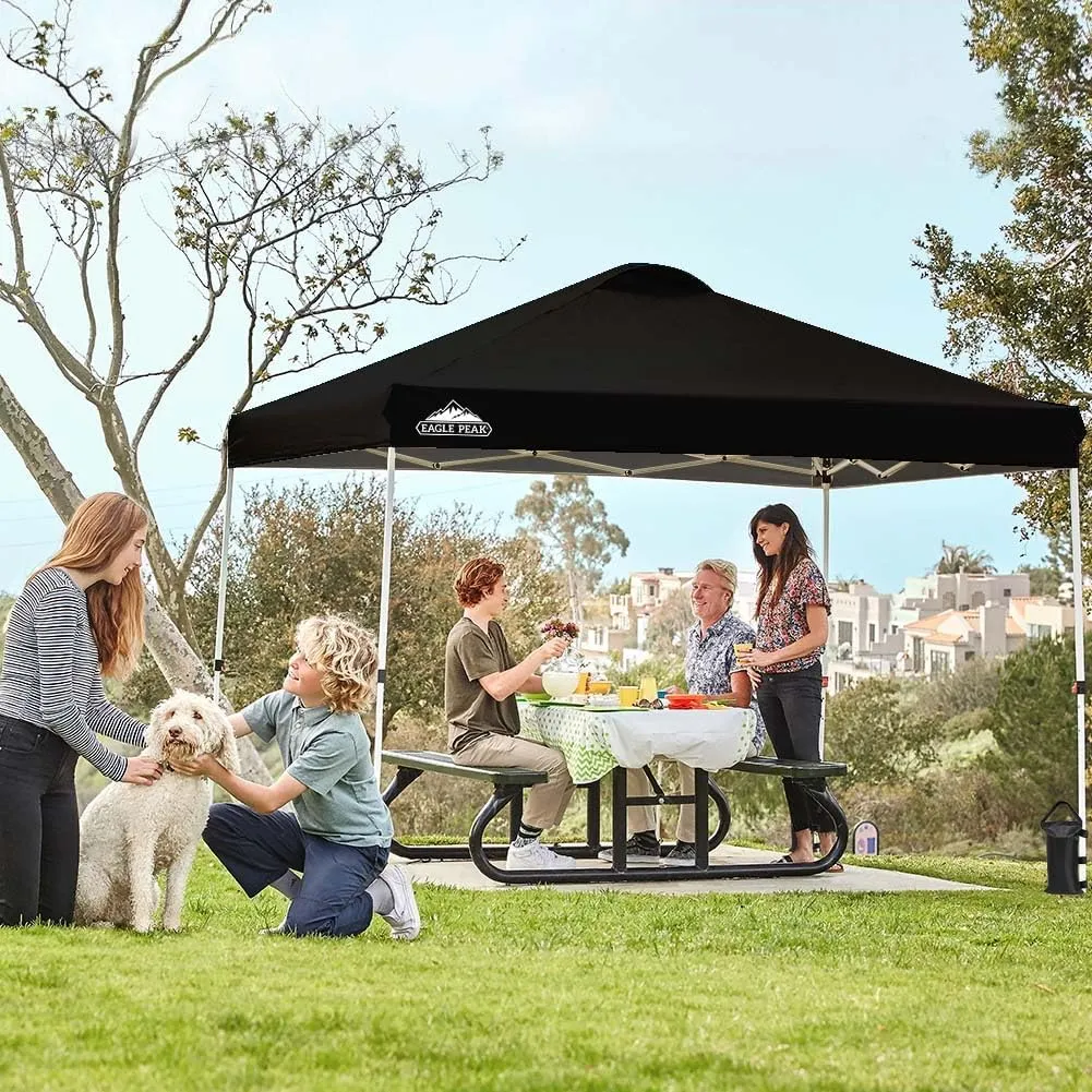 EAGLE PEAK Pop Up Canopy Tent with Wheeled Carry Bag, 8 Stakes, 4 Ropes, 4 Weight Bags, Easy Set Up Tent Canopy, 10x10 ft, 100sqft of Shade, Black