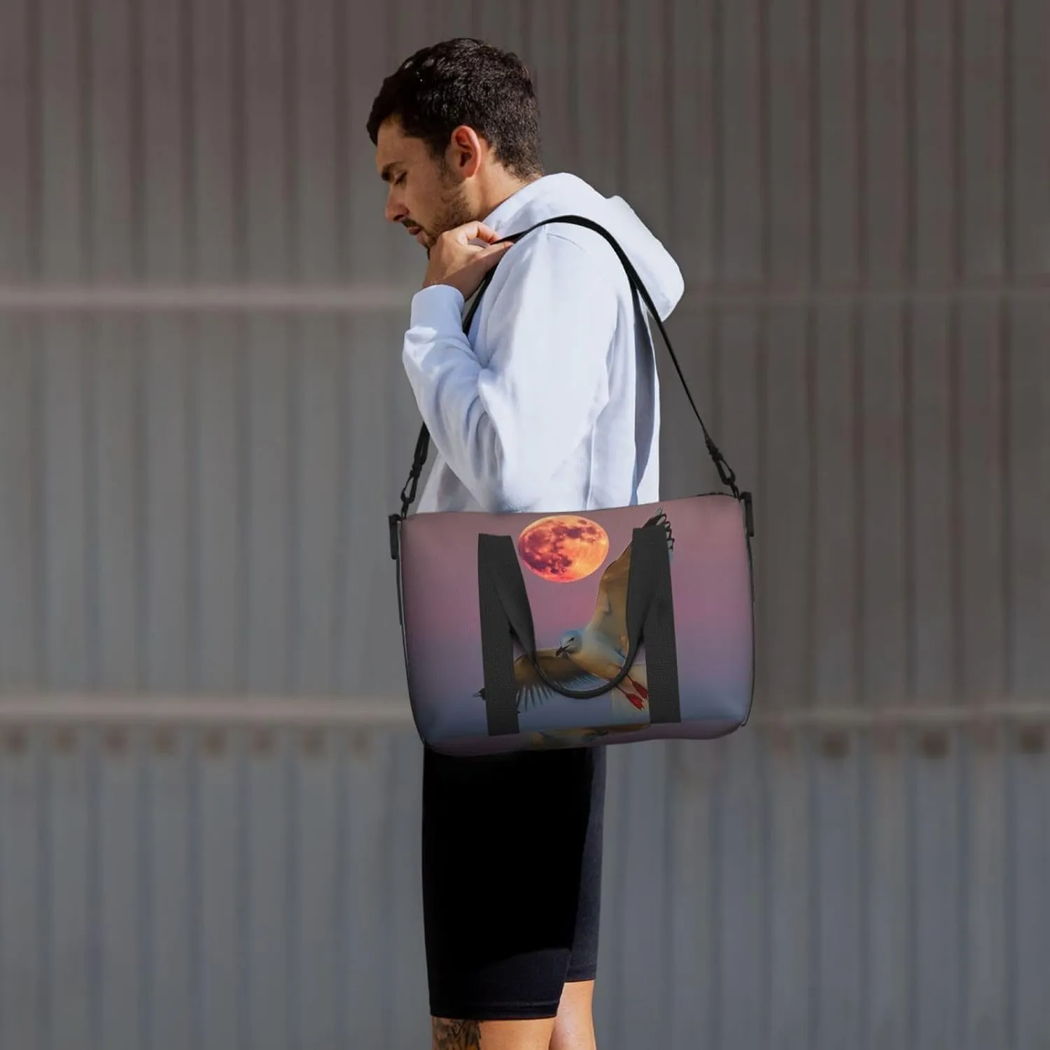 eagull flying Moon print Travel Duffel Bag, Sports Tote Gym Bag, Swim Pool Bag Large Shoulder Tote Bag for Beach Weekender