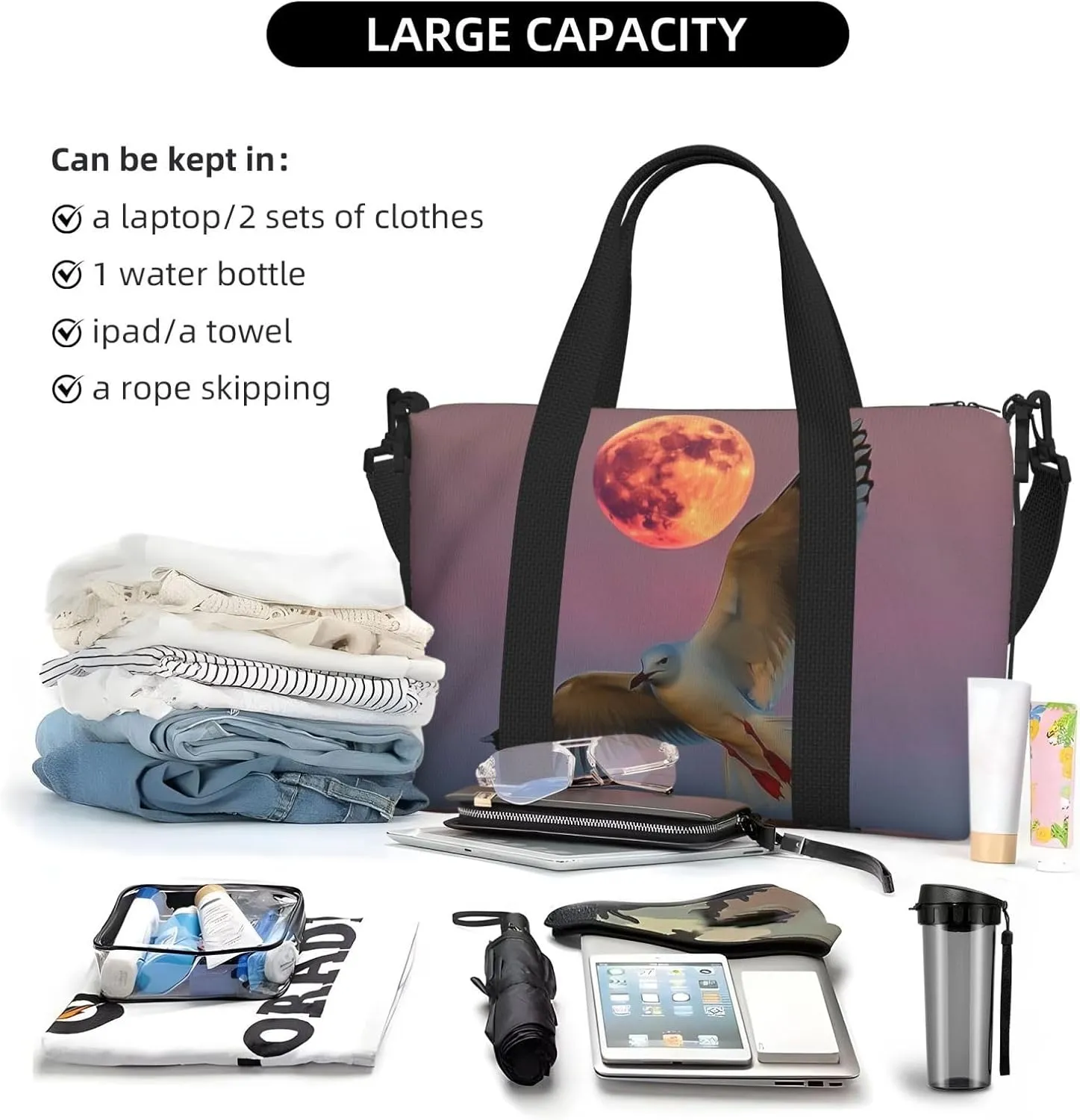 eagull flying Moon print Travel Duffel Bag, Sports Tote Gym Bag, Swim Pool Bag Large Shoulder Tote Bag for Beach Weekender