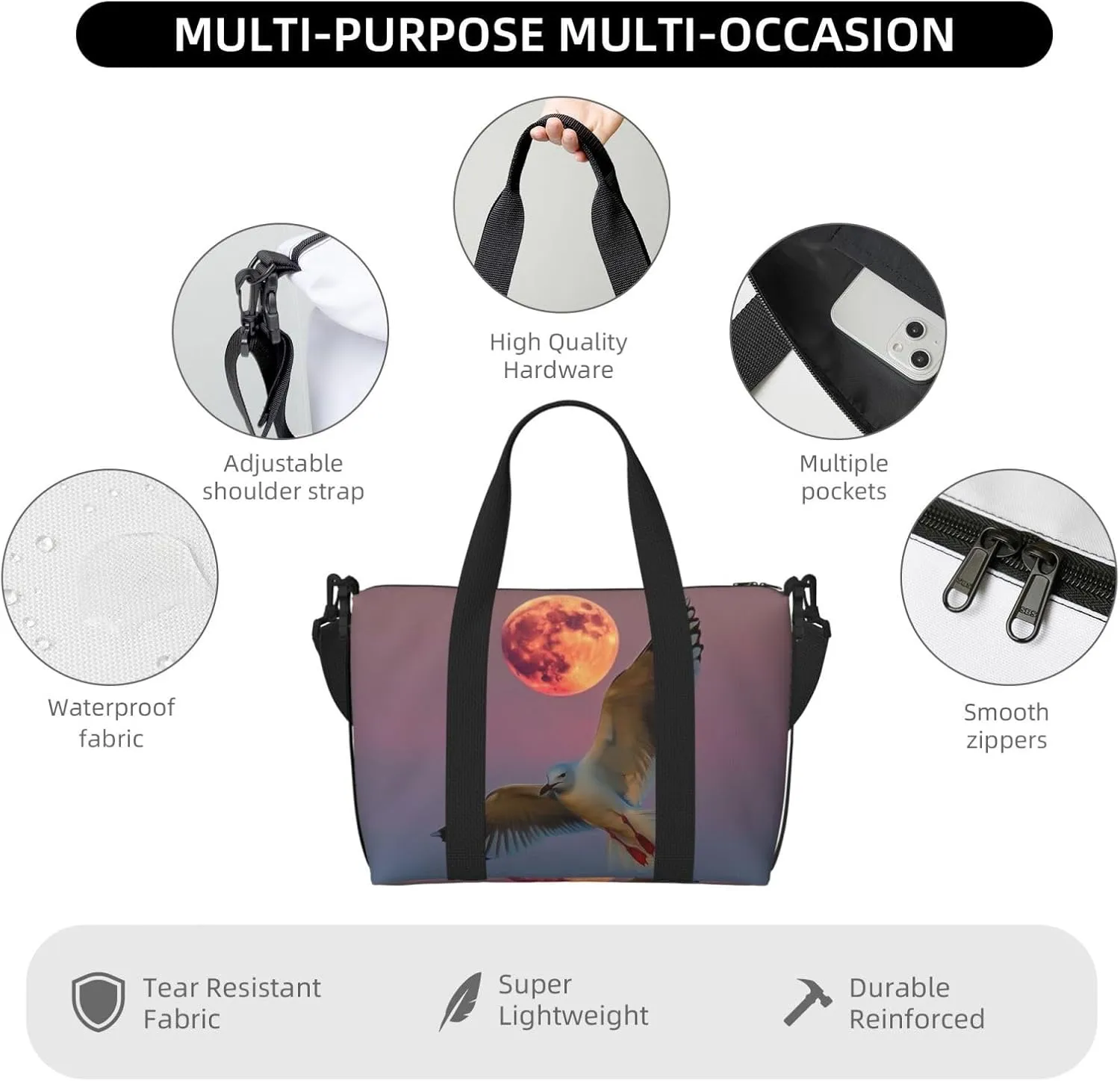 eagull flying Moon print Travel Duffel Bag, Sports Tote Gym Bag, Swim Pool Bag Large Shoulder Tote Bag for Beach Weekender