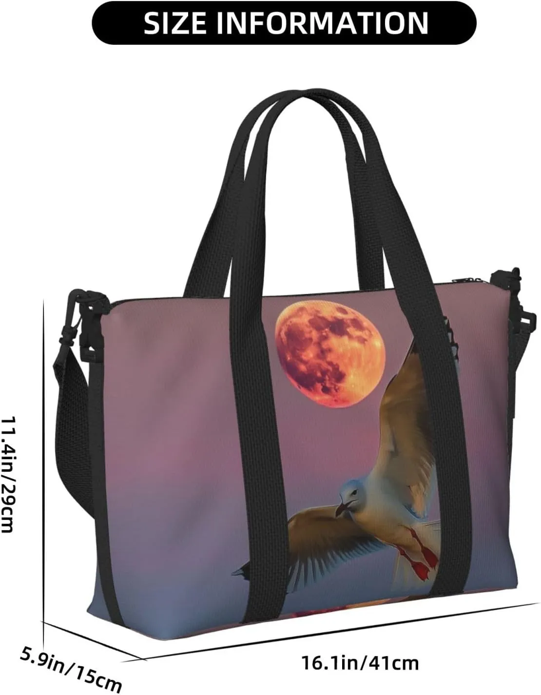 eagull flying Moon print Travel Duffel Bag, Sports Tote Gym Bag, Swim Pool Bag Large Shoulder Tote Bag for Beach Weekender