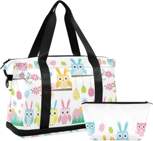 Easter Owl Cartoon Style Flowers Eggs Seamless on White Gym Duffel Bag, Polyester Travel Weekender Luggage Handbag with Waterproof Pocket for Wet Items, Unisex Foldable Tote for Sports