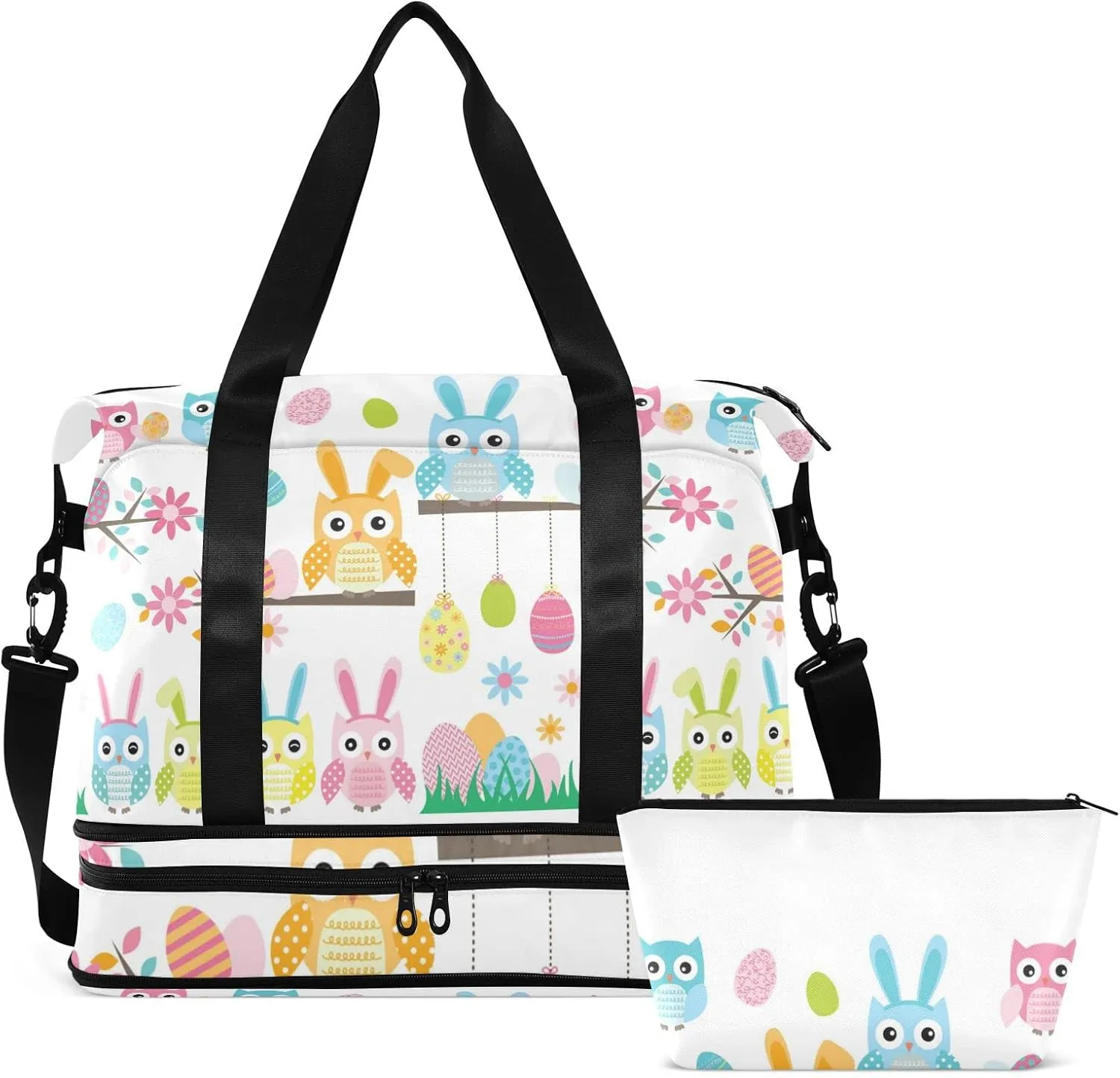 Easter Owl Cartoon Style Flowers Eggs Seamless on White Gym Duffel Bag, Polyester Travel Weekender Luggage Handbag with Waterproof Pocket for Wet Items, Unisex Foldable Tote for Sports