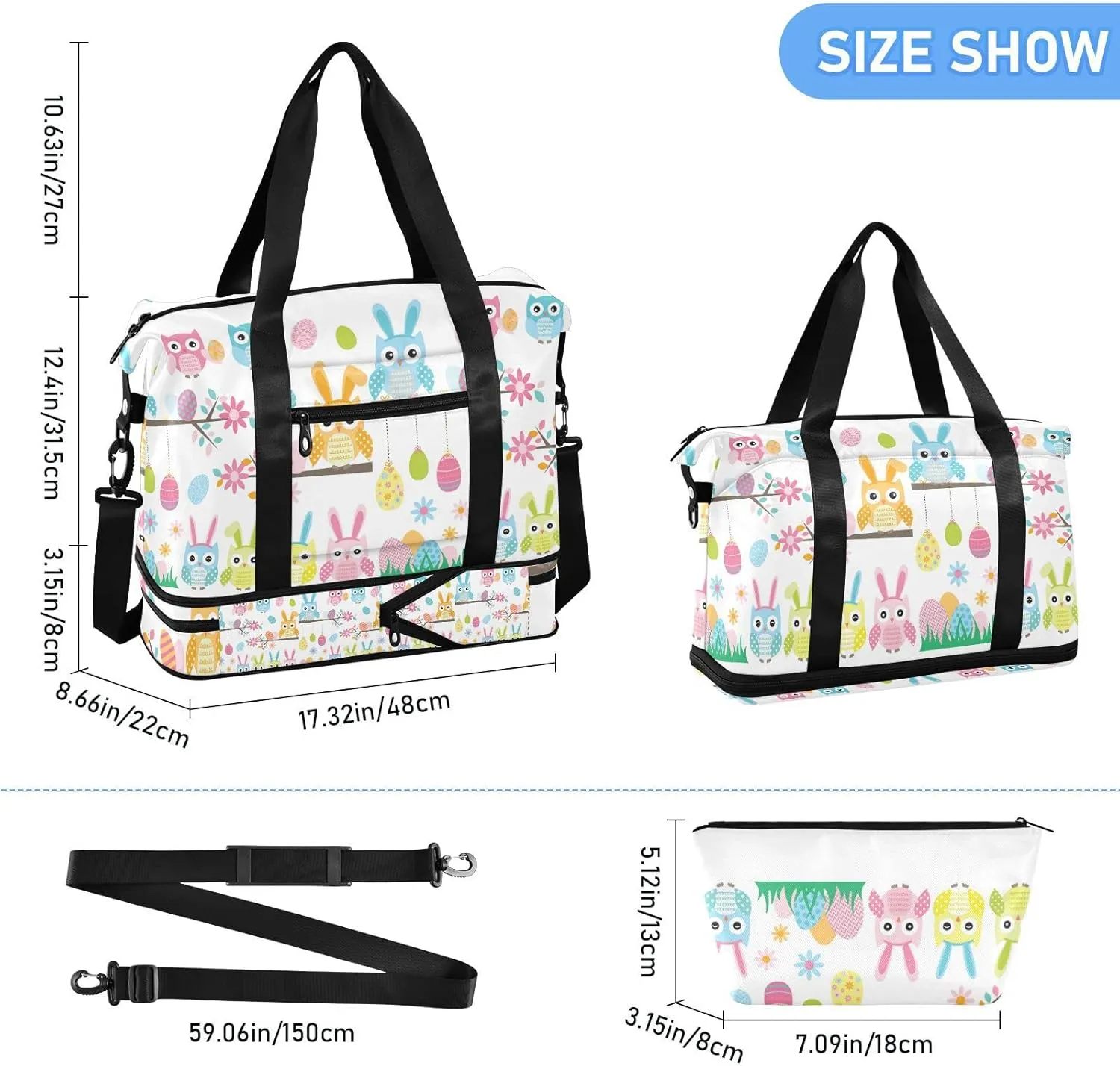 Easter Owl Cartoon Style Flowers Eggs Seamless on White Gym Duffel Bag, Polyester Travel Weekender Luggage Handbag with Waterproof Pocket for Wet Items, Unisex Foldable Tote for Sports