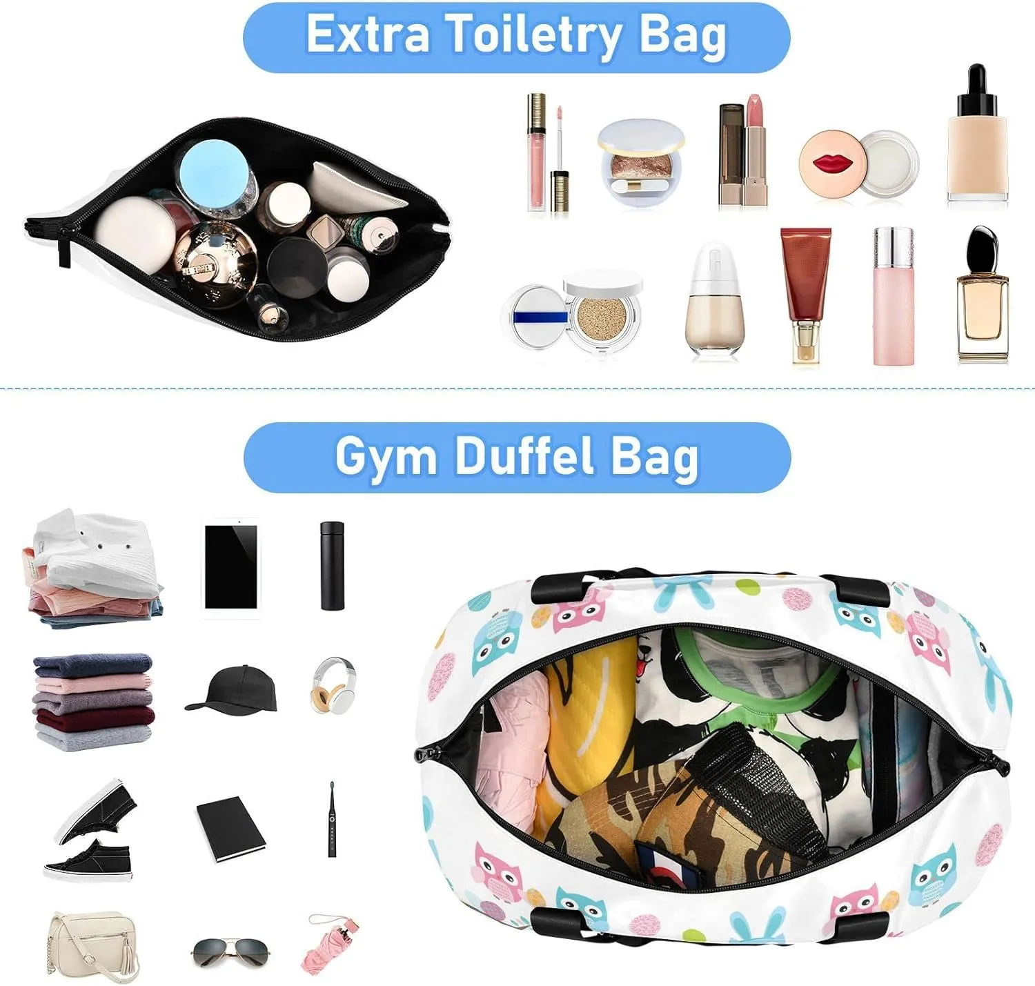 Easter Owl Cartoon Style Flowers Eggs Seamless on White Gym Duffel Bag, Polyester Travel Weekender Luggage Handbag with Waterproof Pocket for Wet Items, Unisex Foldable Tote for Sports