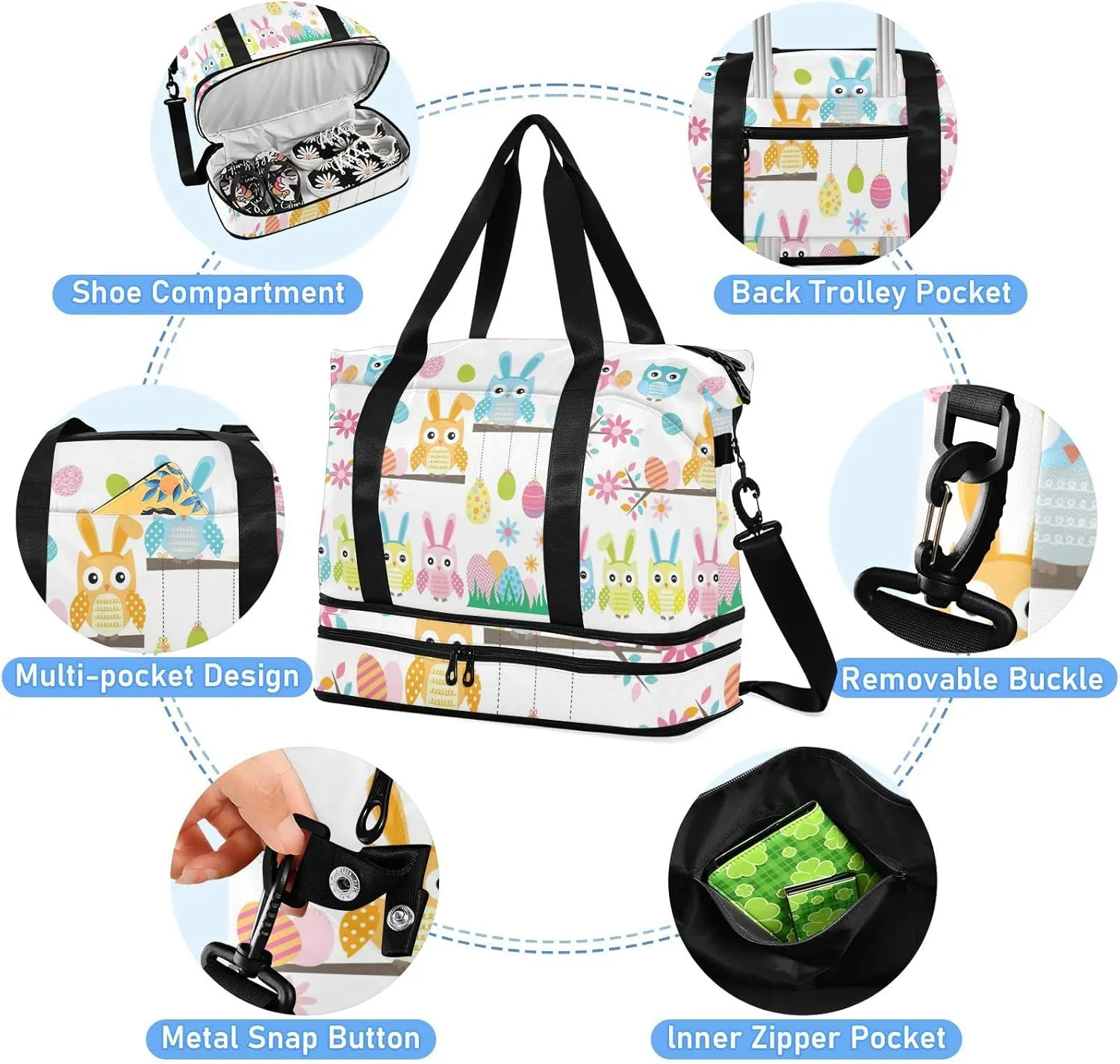 Easter Owl Cartoon Style Flowers Eggs Seamless on White Gym Duffel Bag, Polyester Travel Weekender Luggage Handbag with Waterproof Pocket for Wet Items, Unisex Foldable Tote for Sports