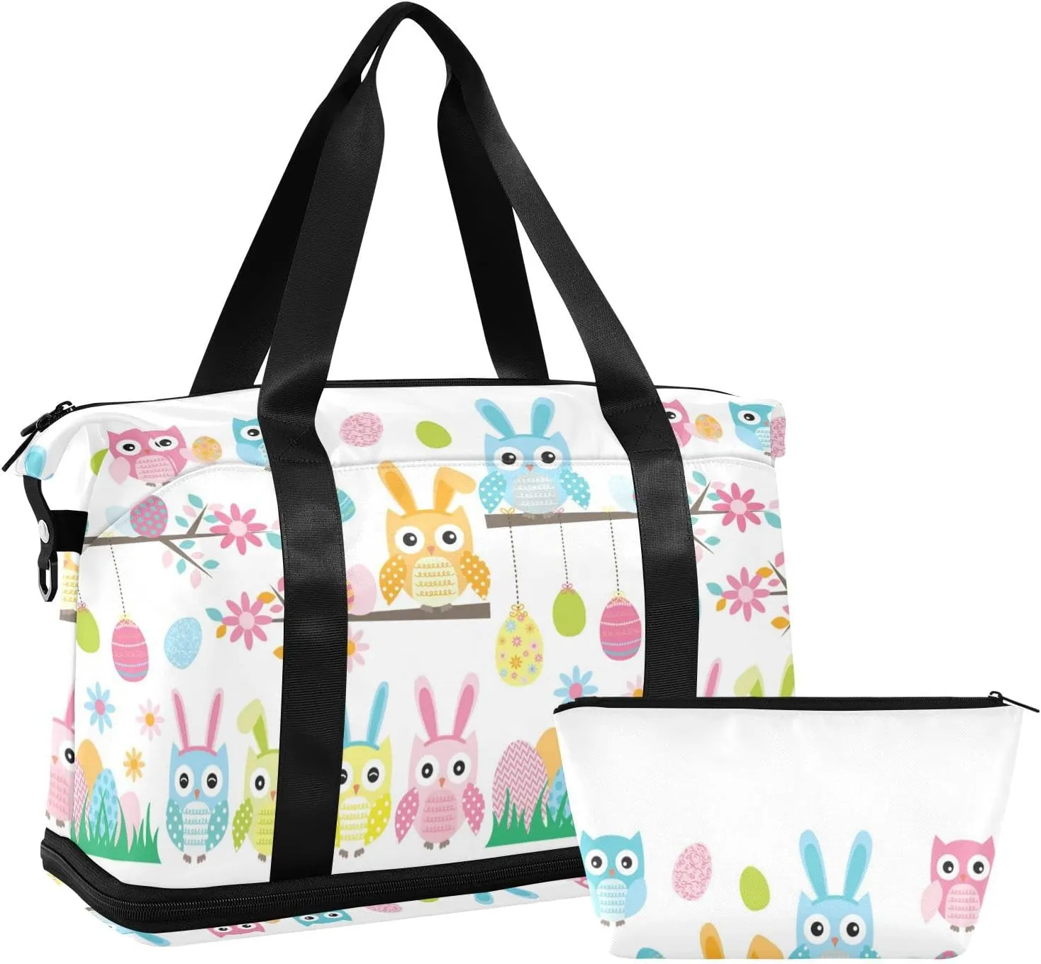 Easter Owl Cartoon Style Flowers Eggs Seamless on White Gym Duffel Bag, Polyester Travel Weekender Luggage Handbag with Waterproof Pocket for Wet Items, Unisex Foldable Tote for Sports