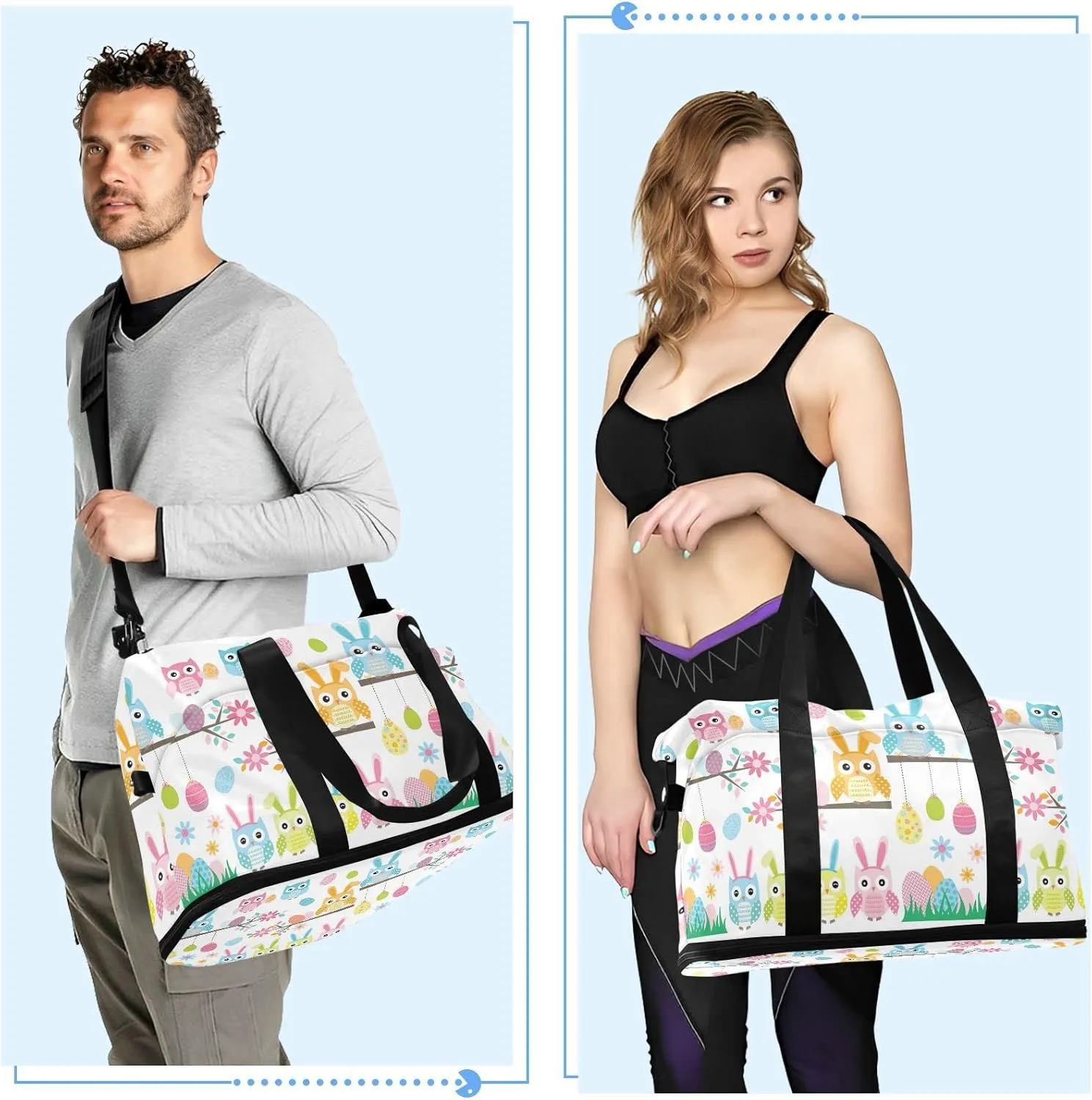 Easter Owl Cartoon Style Flowers Eggs Seamless on White Gym Duffel Bag, Polyester Travel Weekender Luggage Handbag with Waterproof Pocket for Wet Items, Unisex Foldable Tote for Sports