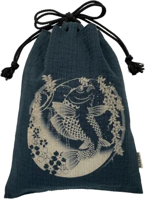 Edoten]JAPAN Nobori Bukuro 100% Cotton Shijira Fabric Drawstring Pouch with Inner Pocket 005 Carp and weeping cherry Navy