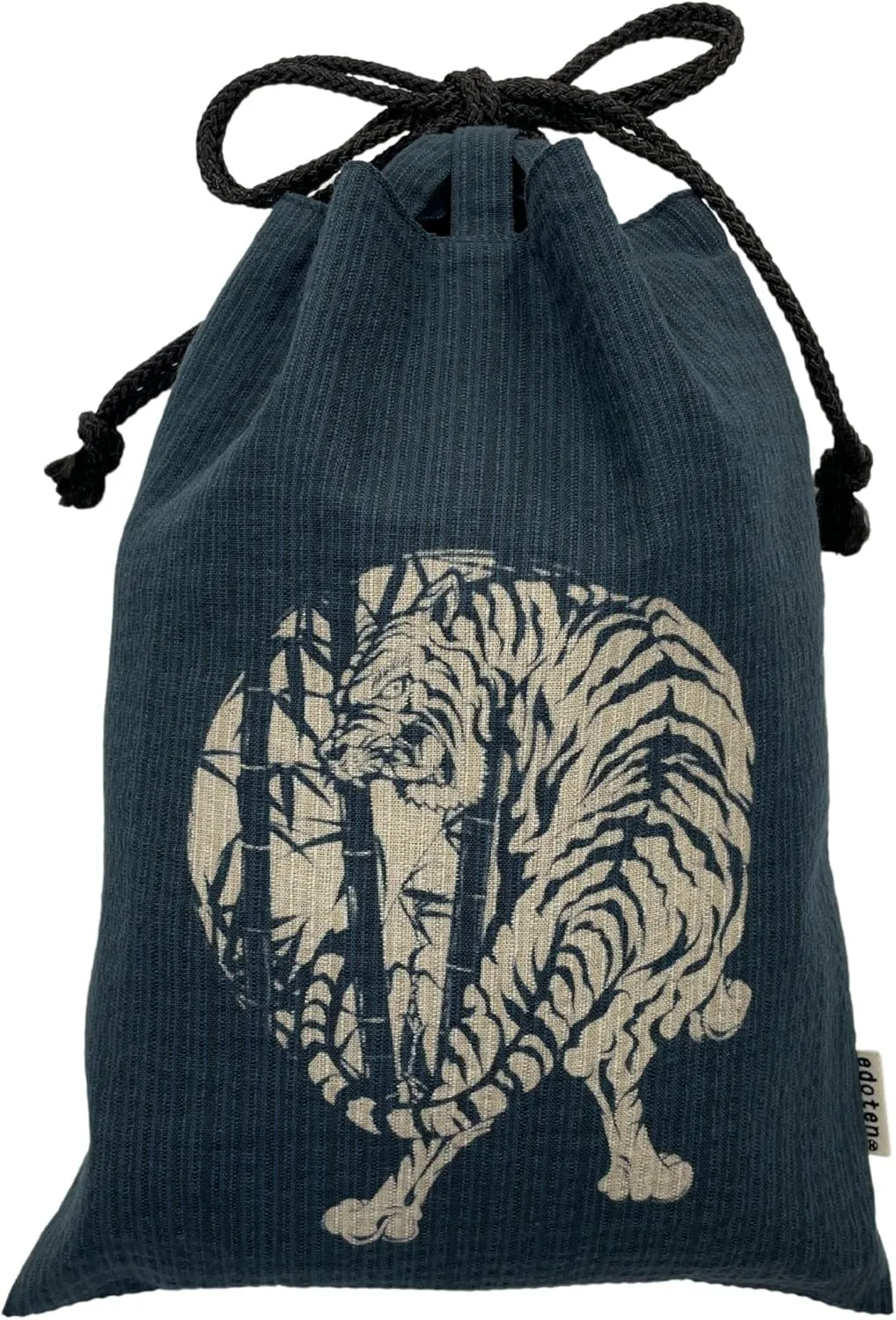 Edoten]JAPAN Nobori Bukuro 100% Cotton Shijira Fabric Drawstring Pouch with Inner Pocket 043 Bamboo and Tiger Navy
