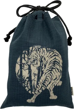 Edoten]JAPAN Nobori Bukuro 100% Cotton Shijira Fabric Drawstring Pouch with Inner Pocket 043 Bamboo and Tiger Navy