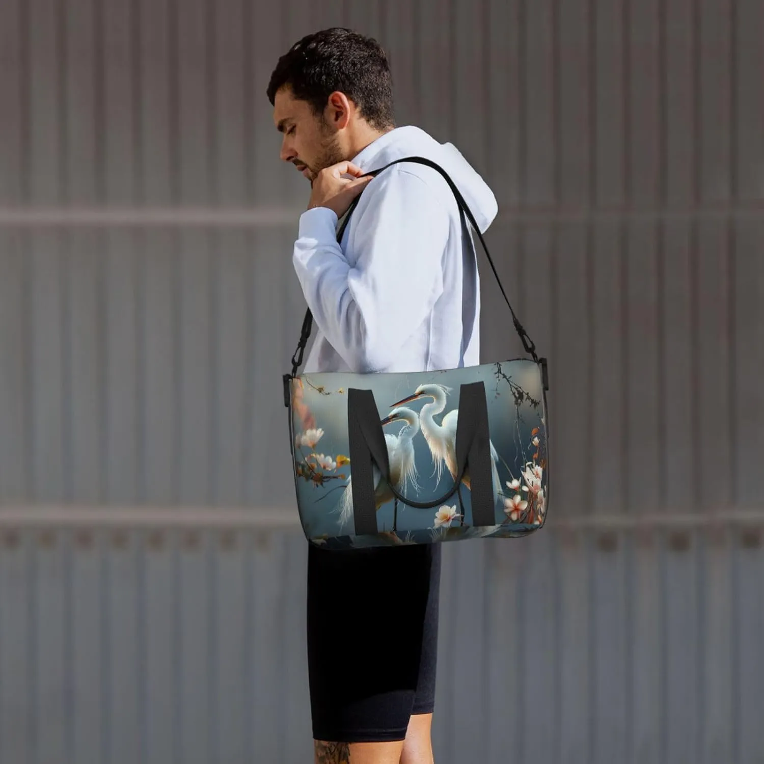 Egret couple print Travel Duffel Bag, Sports Tote Gym Bag, Swim Pool Bag Large Shoulder Tote Bag for Beach Weekender