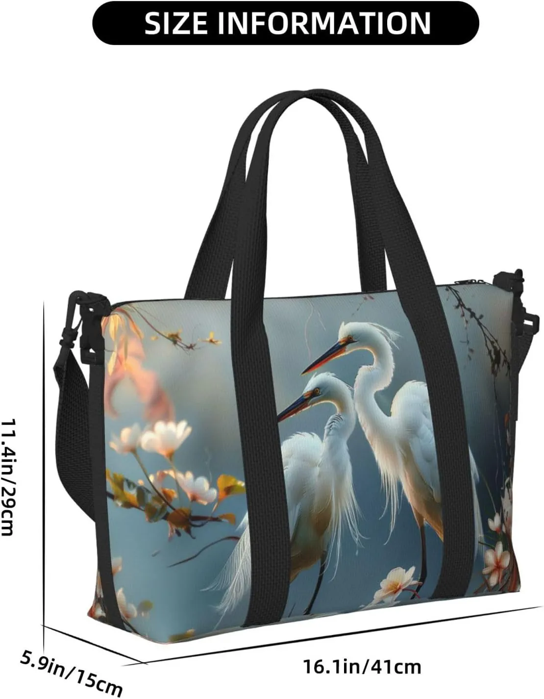 Egret couple print Travel Duffel Bag, Sports Tote Gym Bag, Swim Pool Bag Large Shoulder Tote Bag for Beach Weekender