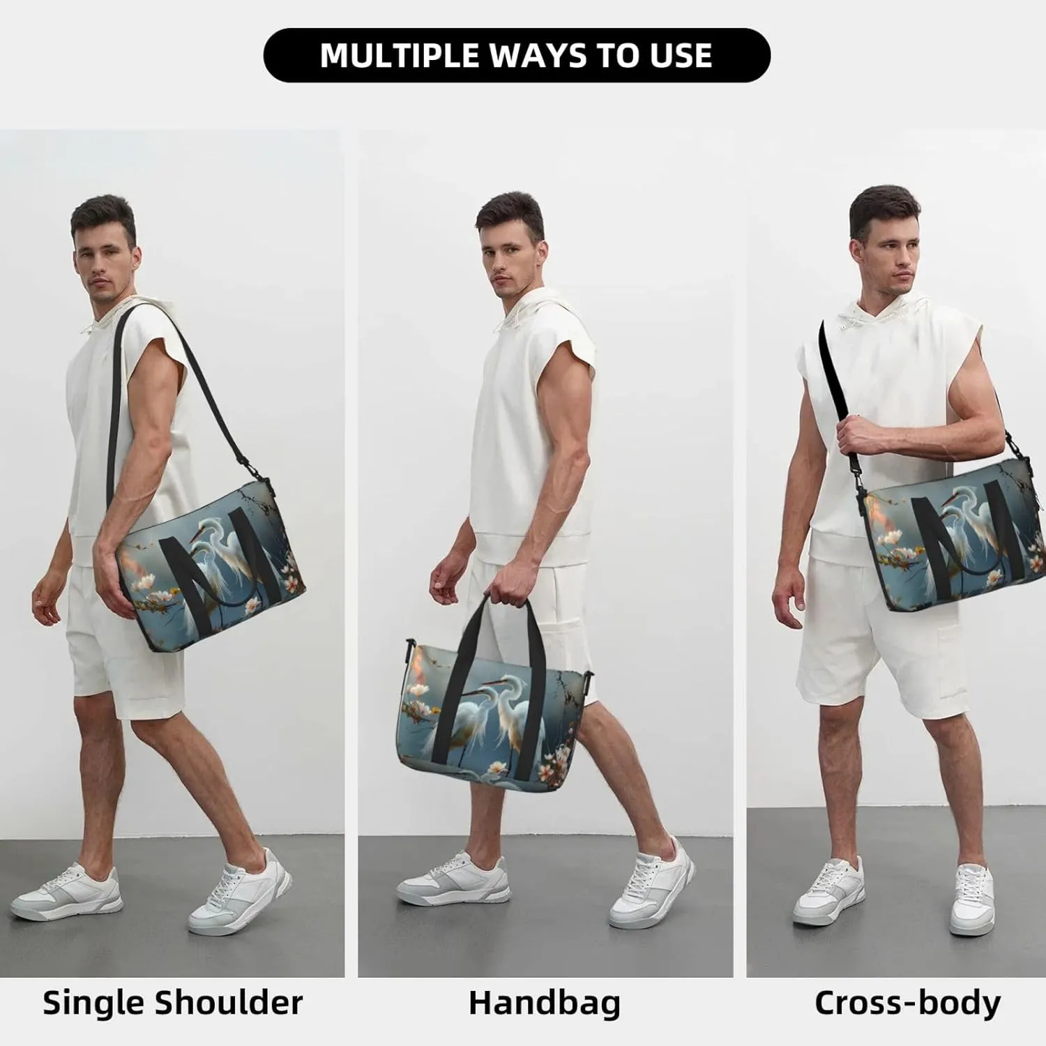 Egret couple print Travel Duffel Bag, Sports Tote Gym Bag, Swim Pool Bag Large Shoulder Tote Bag for Beach Weekender