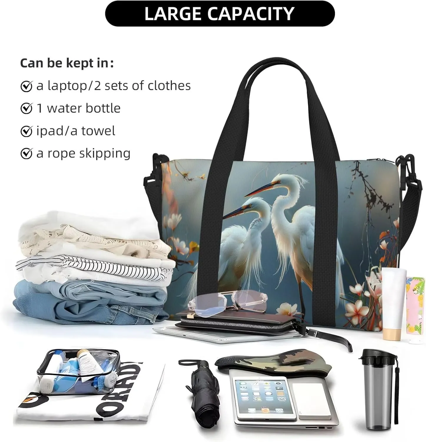Egret couple print Travel Duffel Bag, Sports Tote Gym Bag, Swim Pool Bag Large Shoulder Tote Bag for Beach Weekender