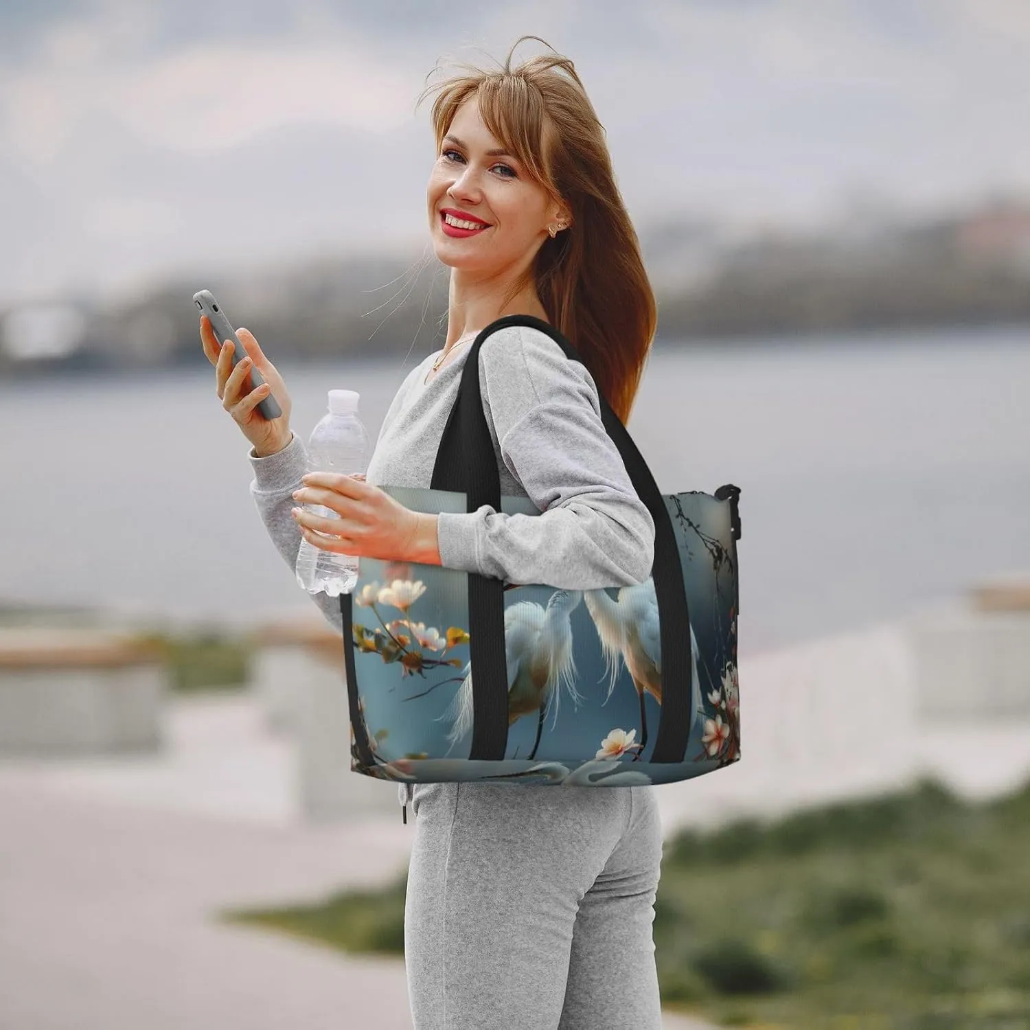 Egret couple print Travel Duffel Bag, Sports Tote Gym Bag, Swim Pool Bag Large Shoulder Tote Bag for Beach Weekender