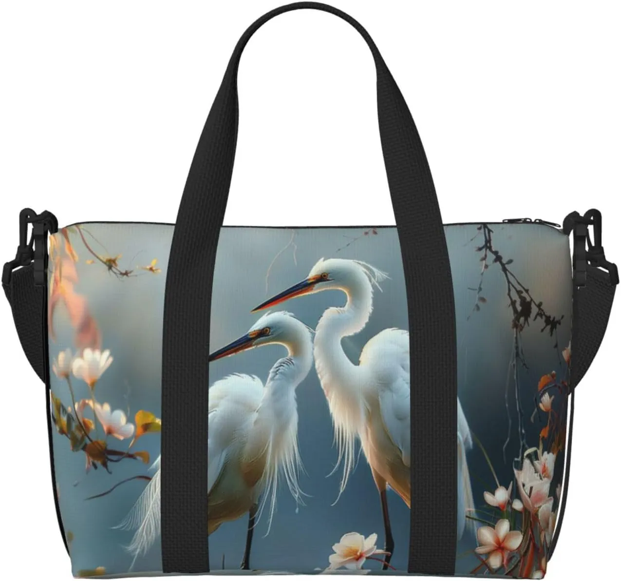 Egret couple print Travel Duffel Bag, Sports Tote Gym Bag, Swim Pool Bag Large Shoulder Tote Bag for Beach Weekender