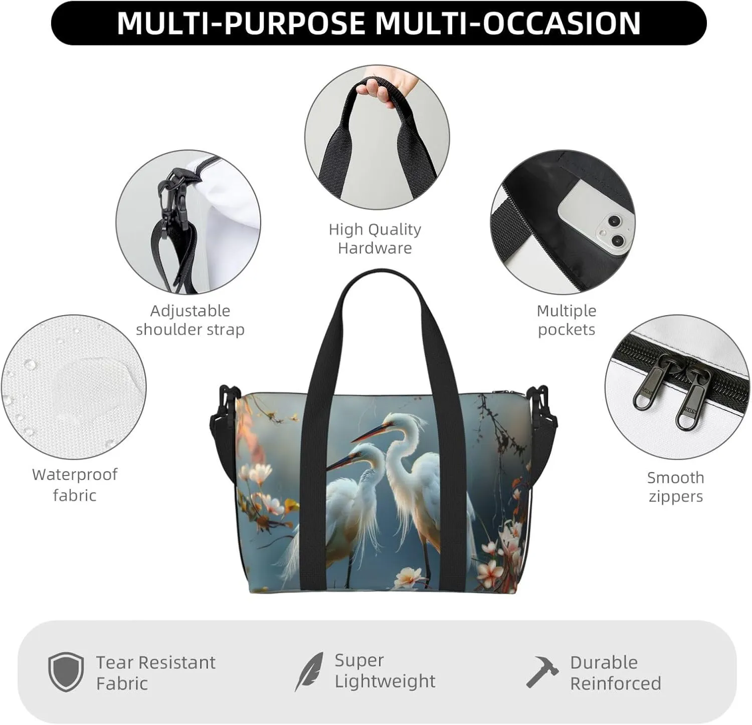 Egret couple print Travel Duffel Bag, Sports Tote Gym Bag, Swim Pool Bag Large Shoulder Tote Bag for Beach Weekender