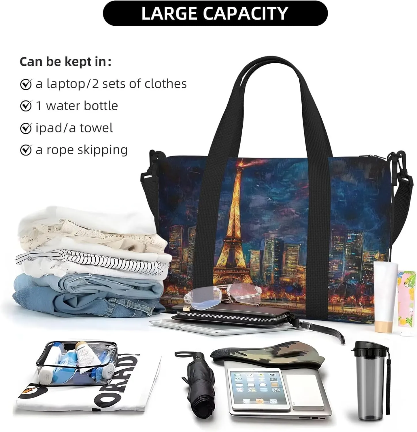 Eiffel Tower art print Travel Duffel Bag, Sports Tote Gym Bag, Swim Pool Bag Large Shoulder Tote Bag for Beach Weekender