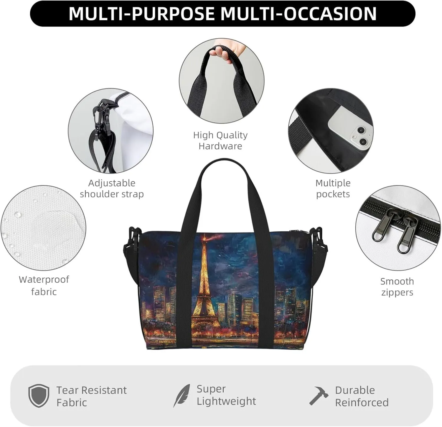 Eiffel Tower art print Travel Duffel Bag, Sports Tote Gym Bag, Swim Pool Bag Large Shoulder Tote Bag for Beach Weekender