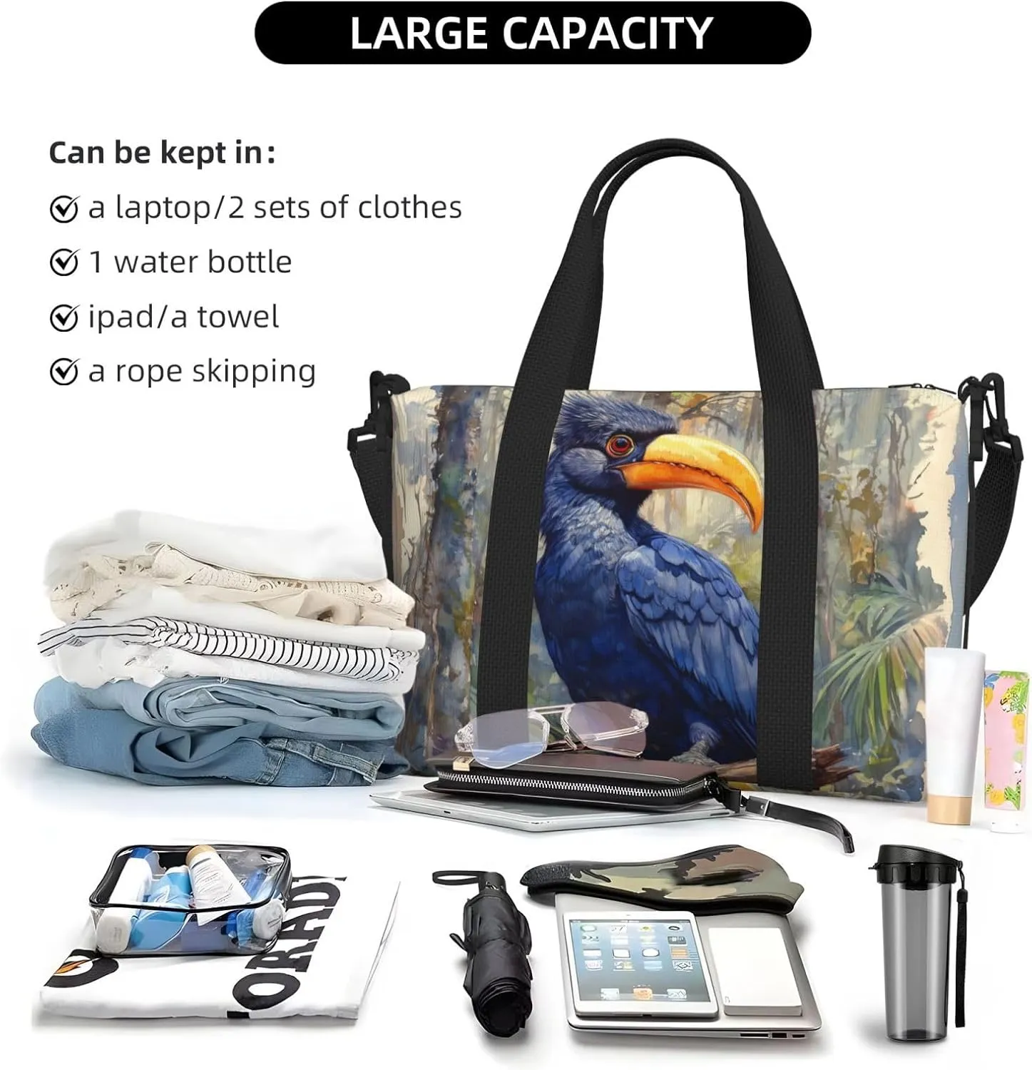 elegant black and blue print Travel Duffel Bag, Sports Tote Gym Bag, Swim Pool Bag Large Shoulder Tote Bag for Beach Weekender