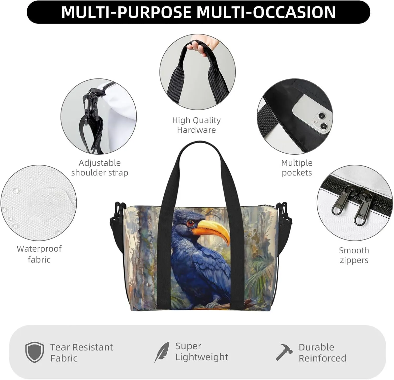elegant black and blue print Travel Duffel Bag, Sports Tote Gym Bag, Swim Pool Bag Large Shoulder Tote Bag for Beach Weekender
