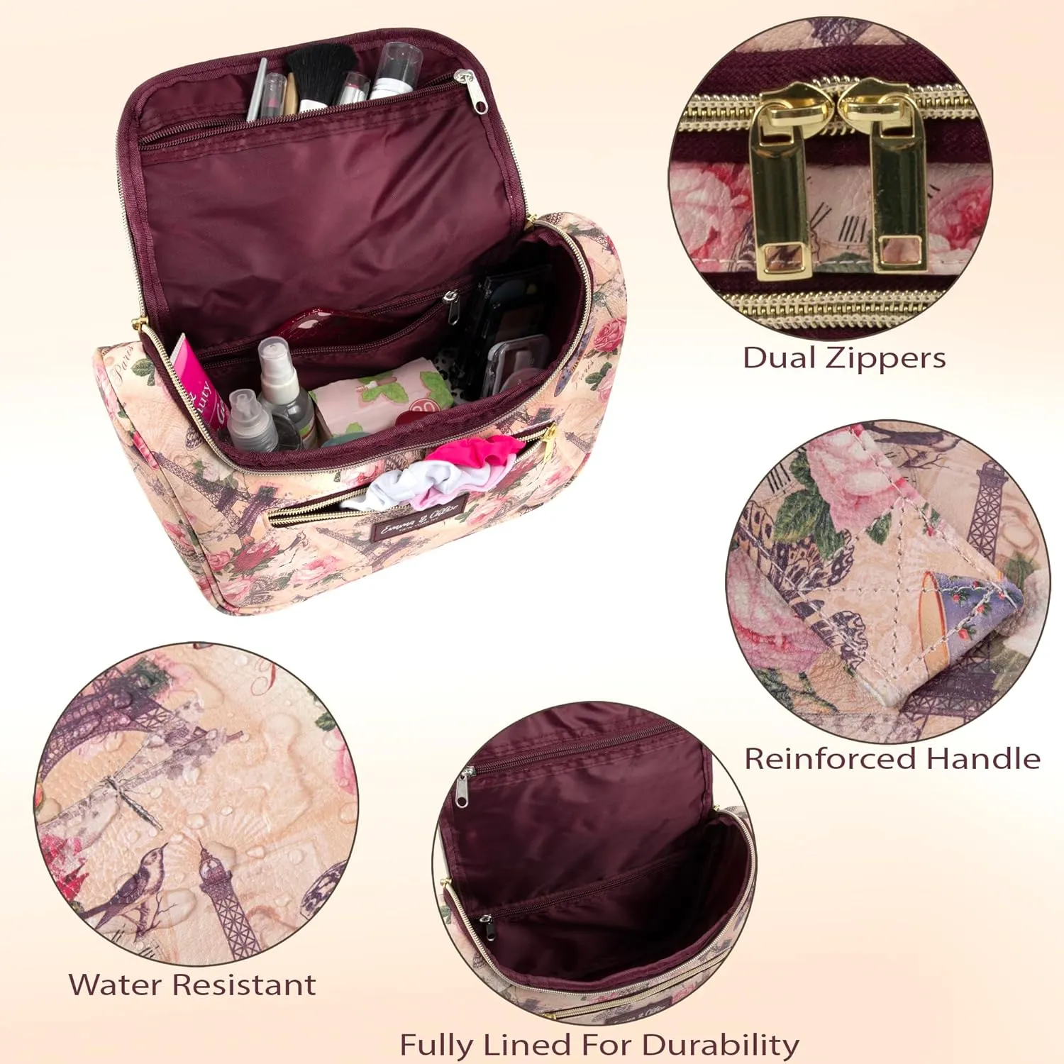 Emma & Chloe Large Cosmetic Case Makeup Organizer, Toiletry Bag for Women | 4 Section Waterproof Travel Make Up Organizing Bags (Pretty in Paris)