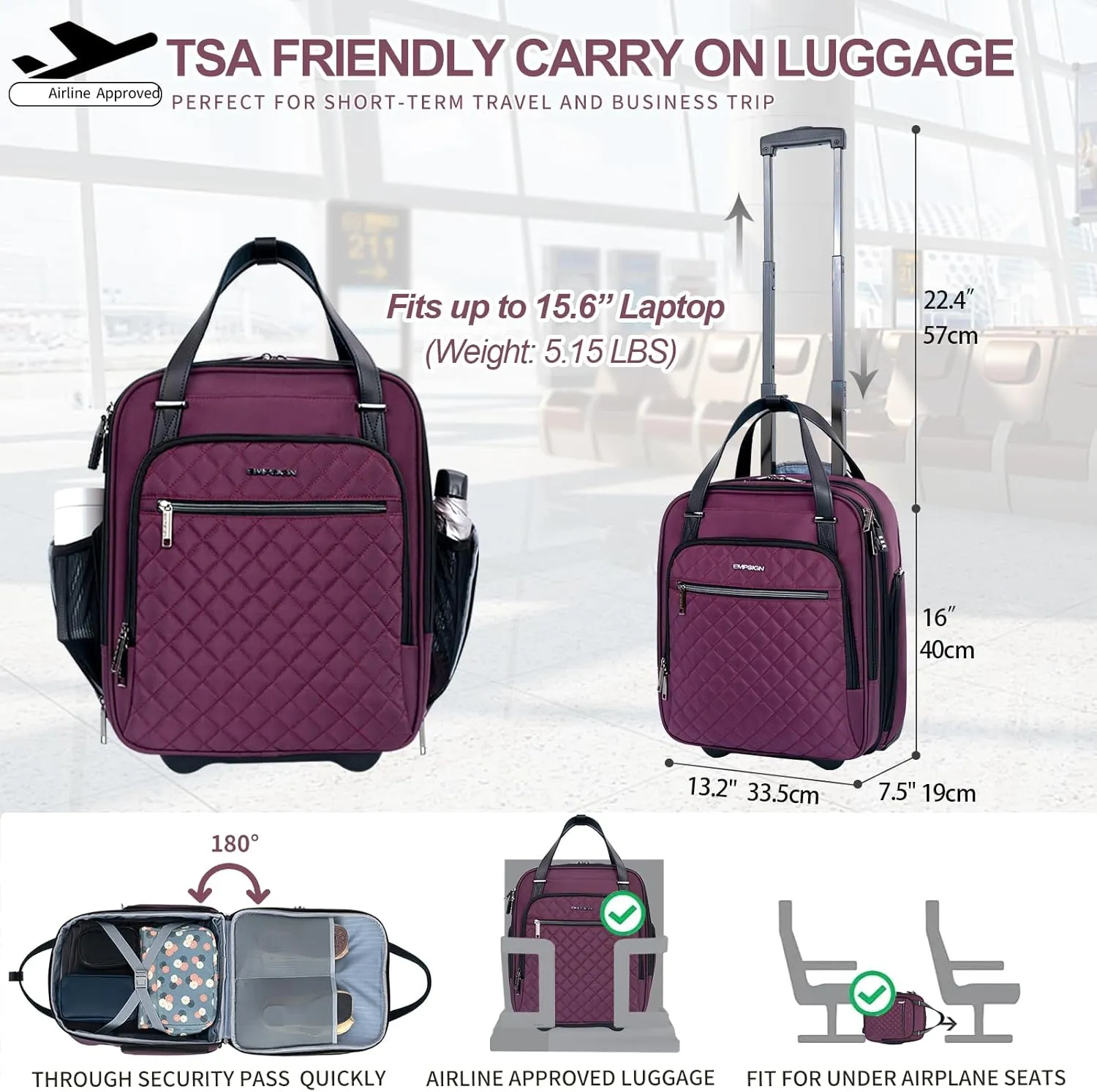 EMPSIGN Underseat Carry On Wheeled - 16" Carry on Bag with Wheels Multi-functional Lightweight Rolling Bag Overnight Weekender Small Suitcase for Women Men Travel Business, Burgundy