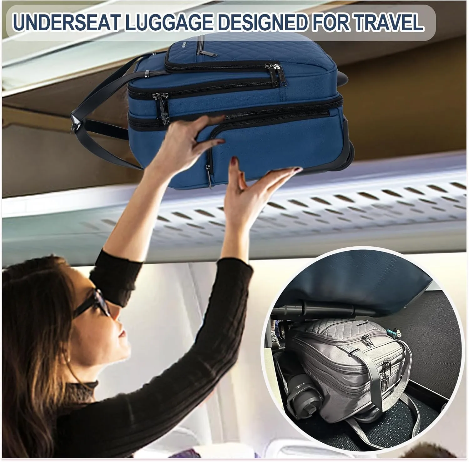 EMPSIGN Underseat Carry On Wheeled - 16" Carry on Bag with Wheels Multi-functional Lightweight Rolling Bag Overnight Weekender Small Suitcase for Women Men Travel Business, Haze Blue