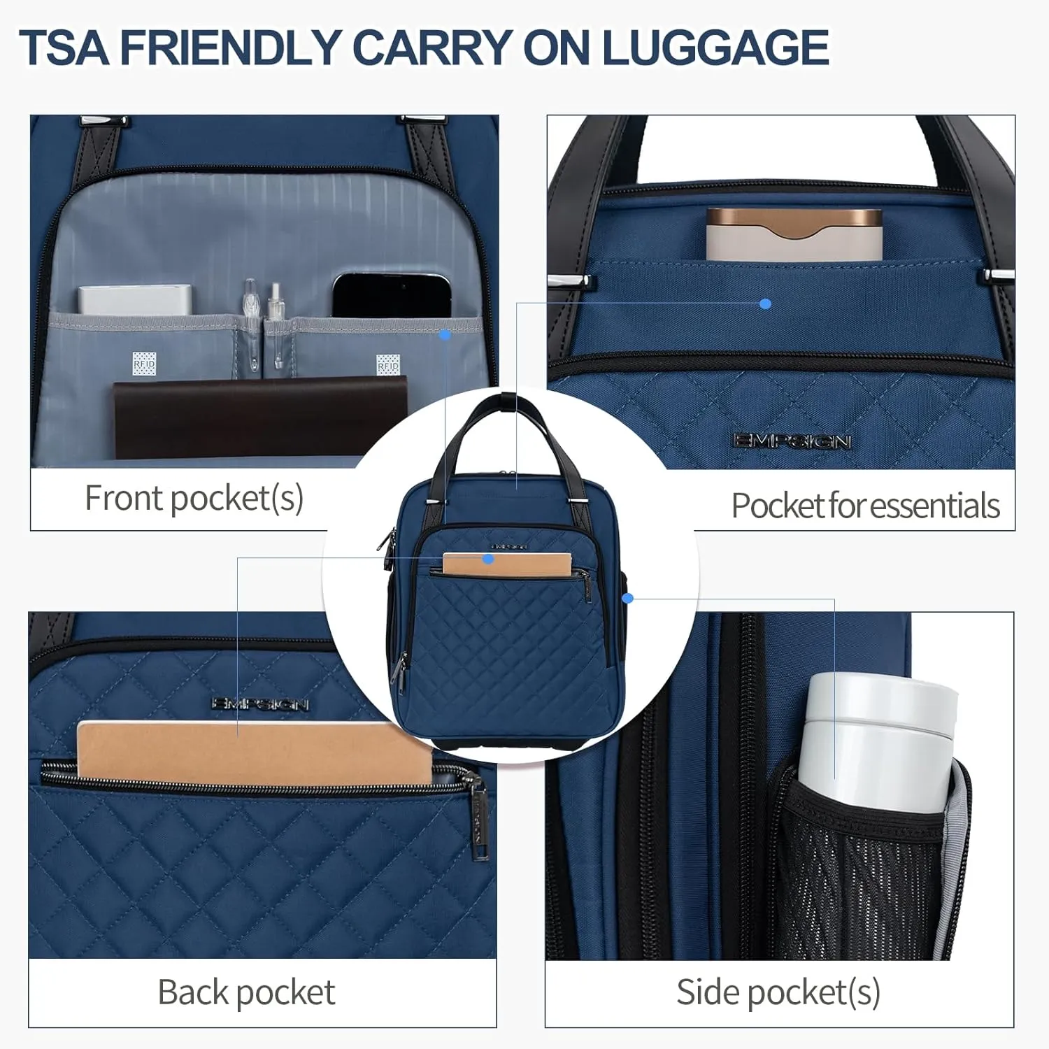 EMPSIGN Underseat Carry On Wheeled - 16" Carry on Bag with Wheels Multi-functional Lightweight Rolling Bag Overnight Weekender Small Suitcase for Women Men Travel Business, Haze Blue