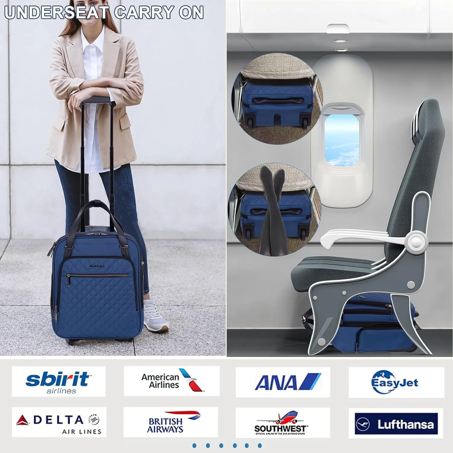 EMPSIGN Underseat Carry On Wheeled - 16" Carry on Bag with Wheels Multi-functional Lightweight Rolling Bag Overnight Weekender Small Suitcase for Women Men Travel Business, Haze Blue