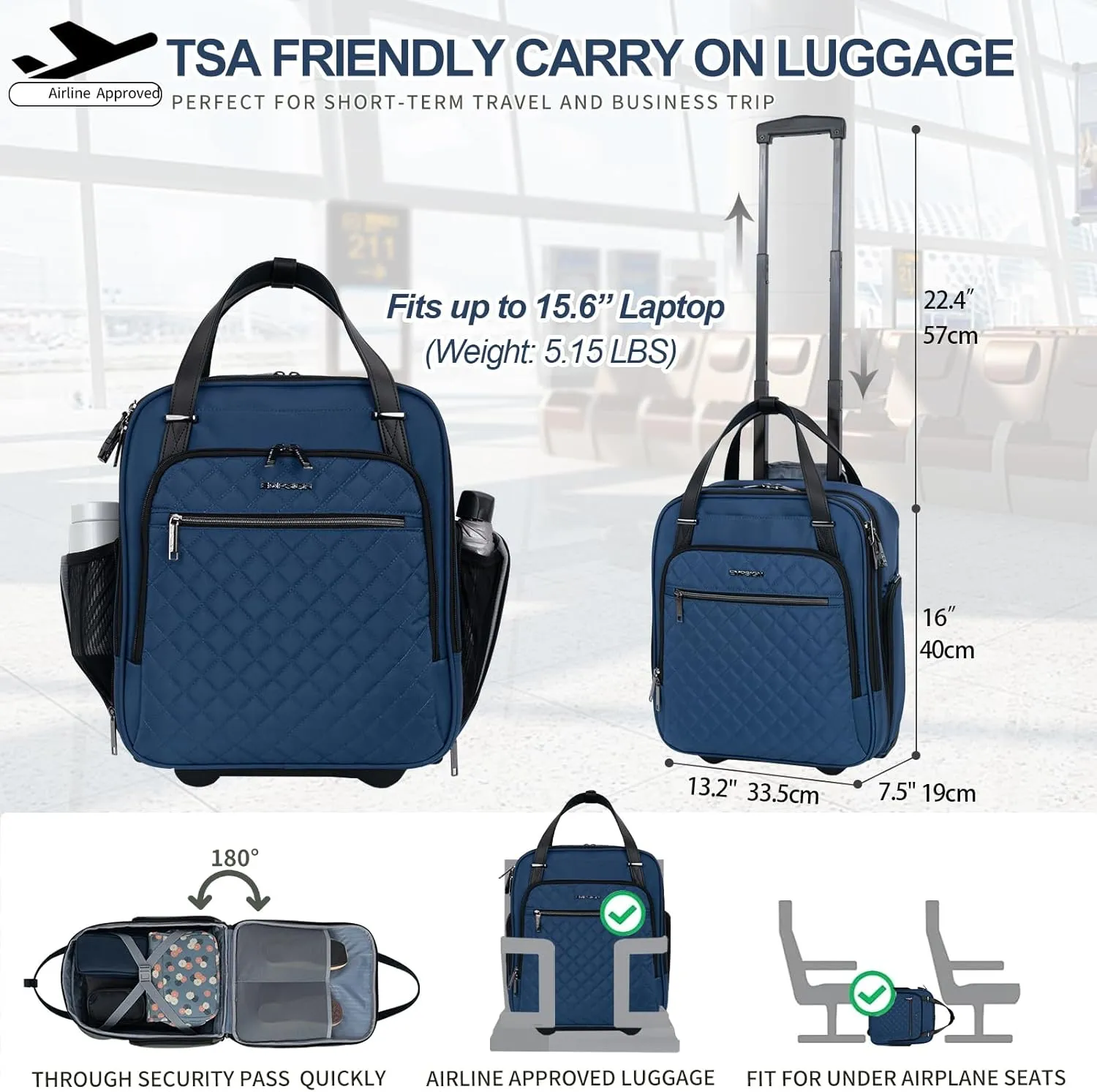 EMPSIGN Underseat Carry On Wheeled - 16" Carry on Bag with Wheels Multi-functional Lightweight Rolling Bag Overnight Weekender Small Suitcase for Women Men Travel Business, Haze Blue