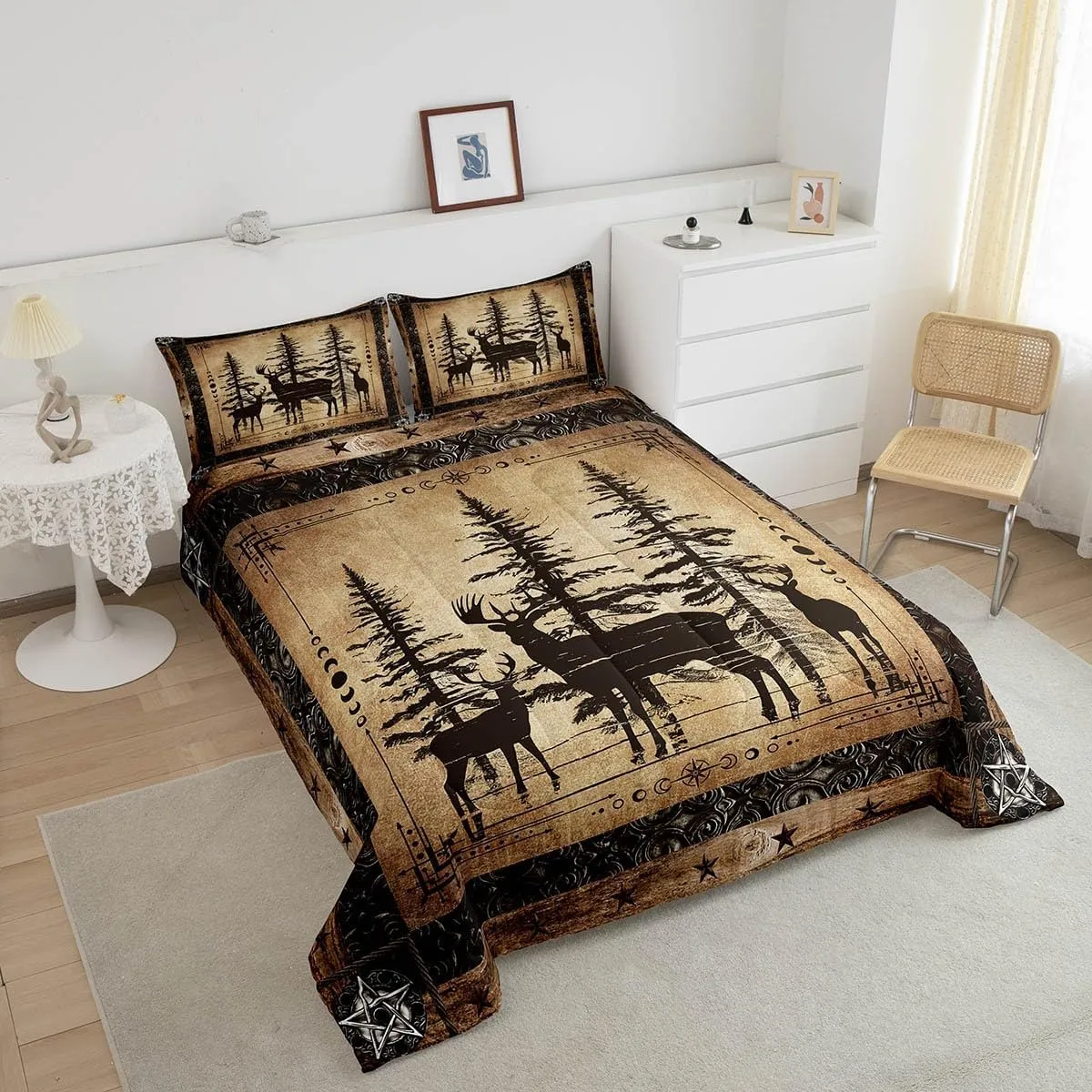 Erosebridal Rustic Deer Comforter Set Farmhouse Cabin Bedding Set Queen Western Woodland Wildlife Bedding Comforter Sets for Kids Boys Adults Men Black Retro Country Animal Quilt Duvet 3 Pcs