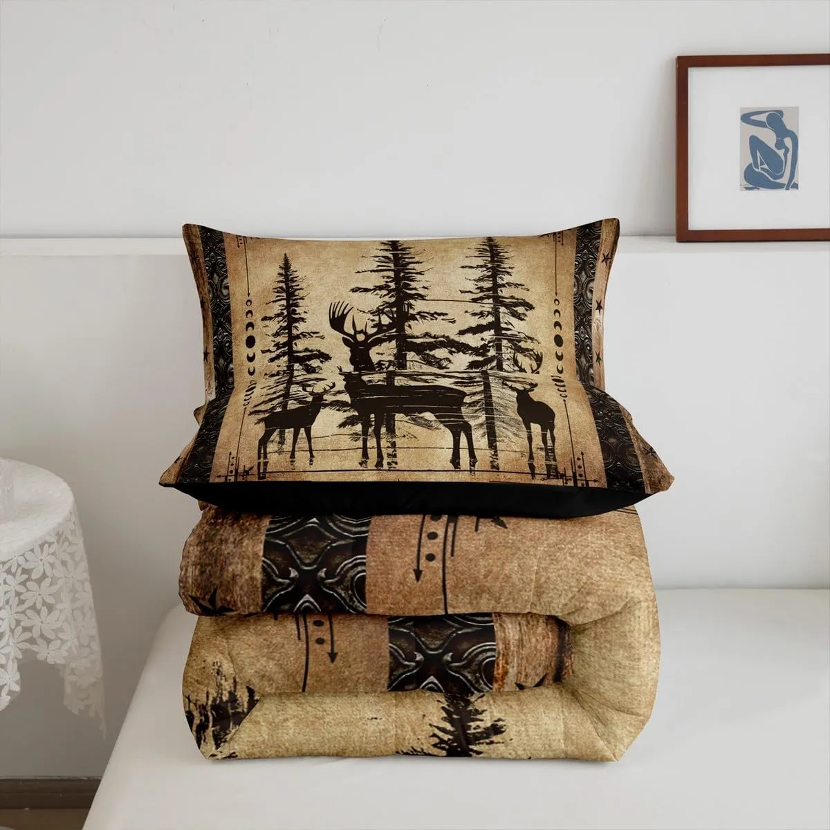 Erosebridal Rustic Deer Comforter Set Farmhouse Cabin Bedding Set Queen Western Woodland Wildlife Bedding Comforter Sets for Kids Boys Adults Men Black Retro Country Animal Quilt Duvet 3 Pcs
