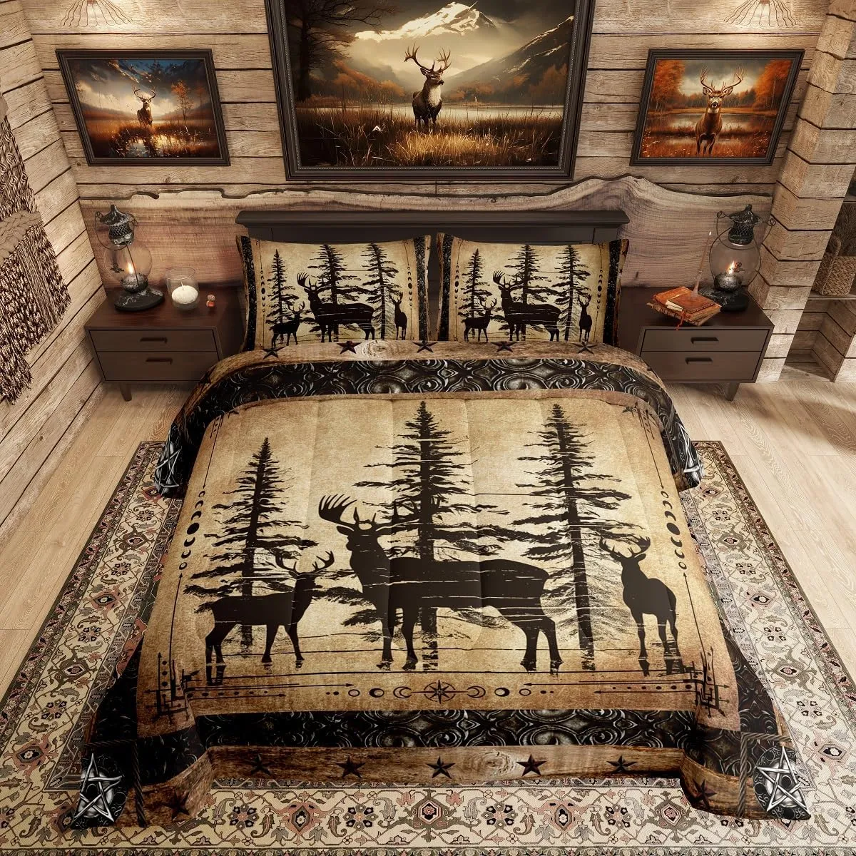 Erosebridal Rustic Deer Comforter Set Farmhouse Cabin Bedding Set Queen Western Woodland Wildlife Bedding Comforter Sets for Kids Boys Adults Men Black Retro Country Animal Quilt Duvet 3 Pcs