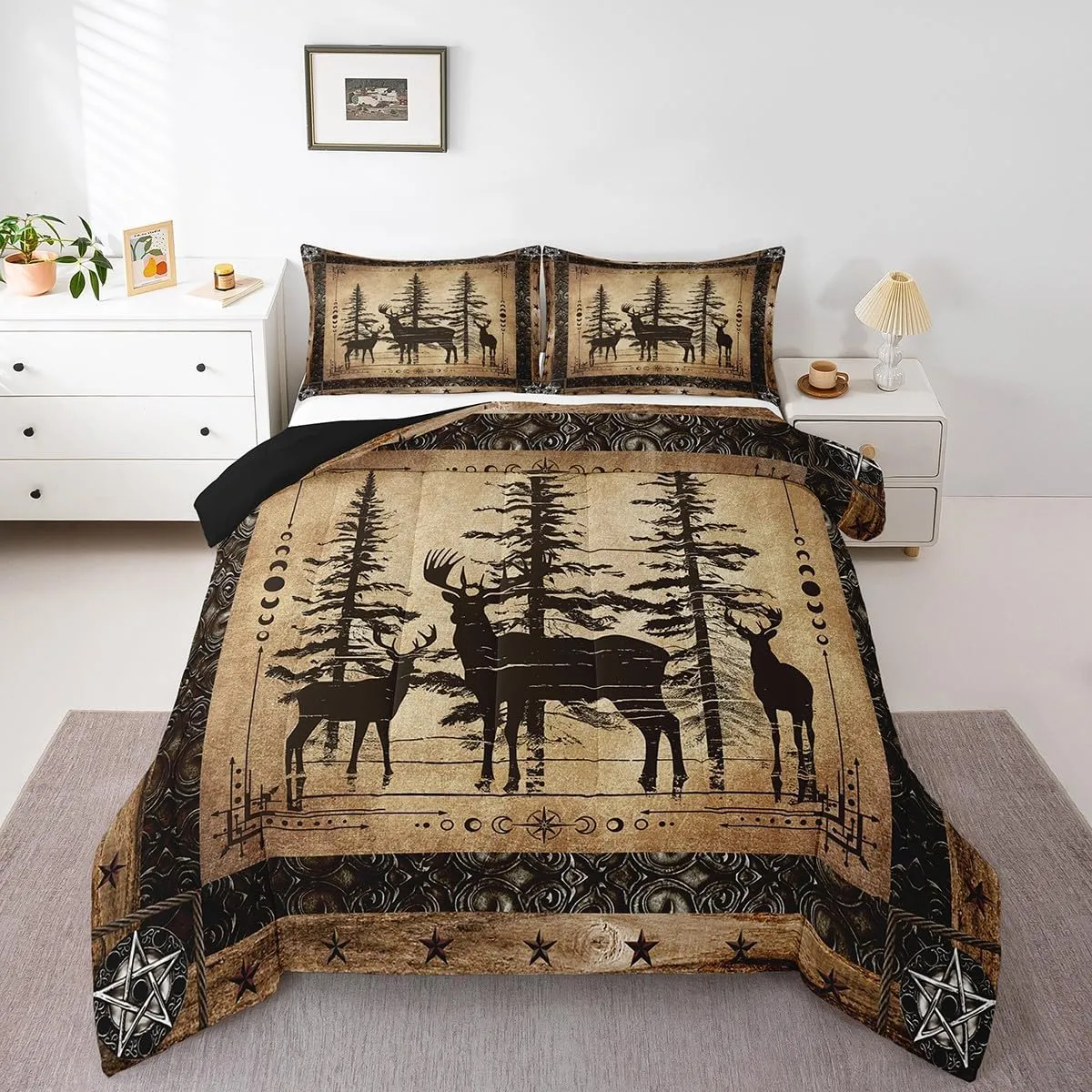 Erosebridal Rustic Deer Comforter Set Farmhouse Cabin Bedding Set Queen Western Woodland Wildlife Bedding Comforter Sets for Kids Boys Adults Men Black Retro Country Animal Quilt Duvet 3 Pcs