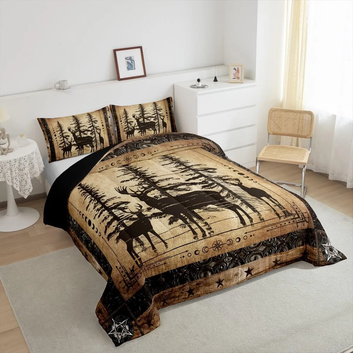 Erosebridal Rustic Deer Comforter Set Farmhouse Cabin Bedding Set Queen Western Woodland Wildlife Bedding Comforter Sets for Kids Boys Adults Men Black Retro Country Animal Quilt Duvet 3 Pcs