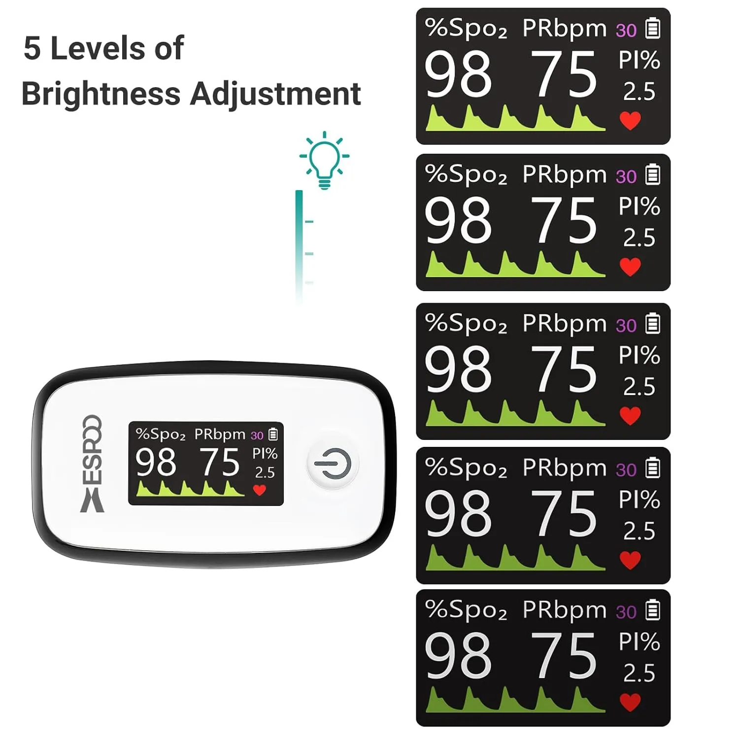 ESPOO Pulse Oximeter with 20 Memory, Oxygen Monitor Fingertip 4 Color TFT Display(SPO2), Alarm & Brightness Adjustable, Batteries & Lanyard Include(White&Black)